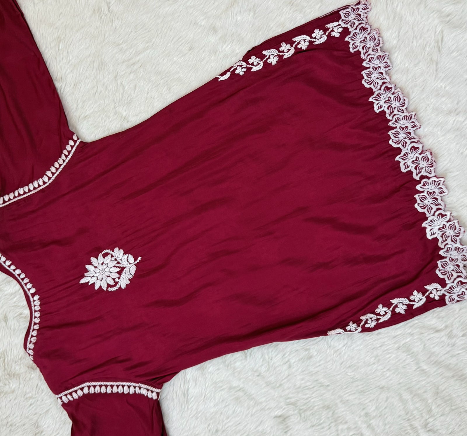 Siya Maroon Chanderi Chikankari Short Kurti