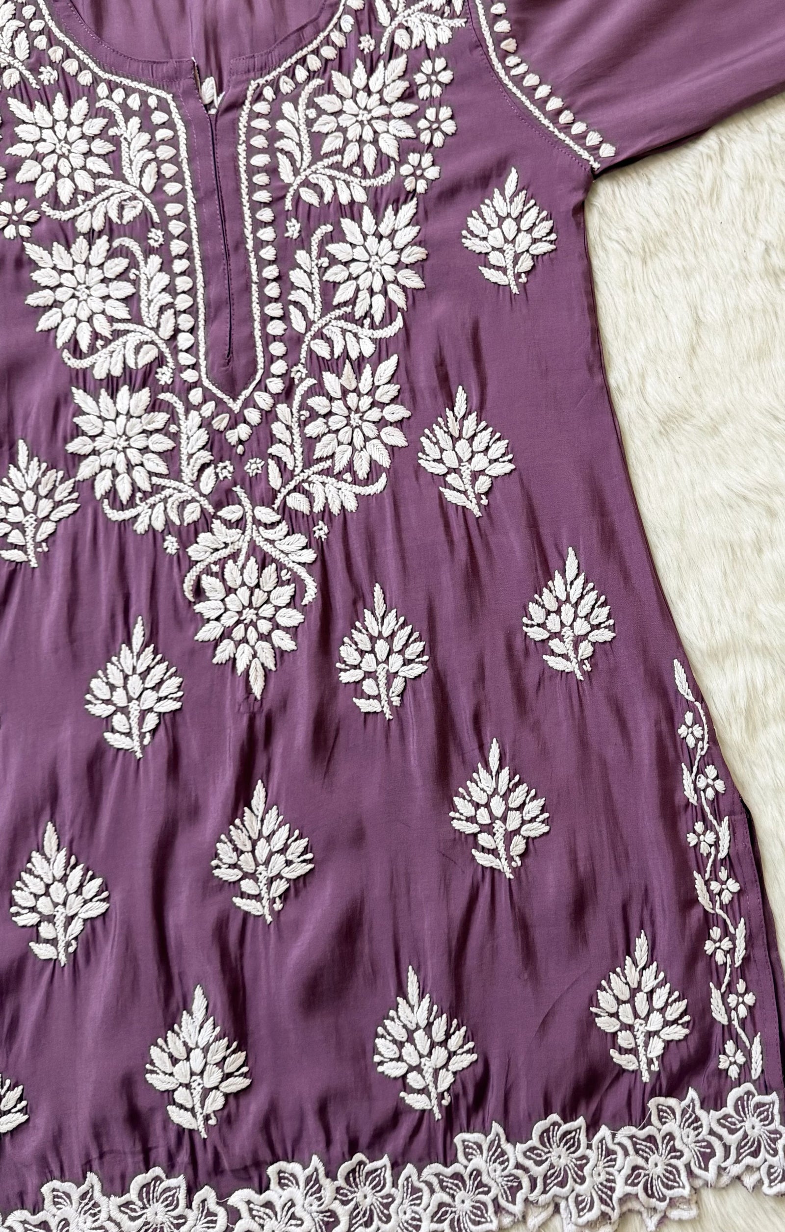Siya Mauve Purple Chanderi Chikankari Short Kurti