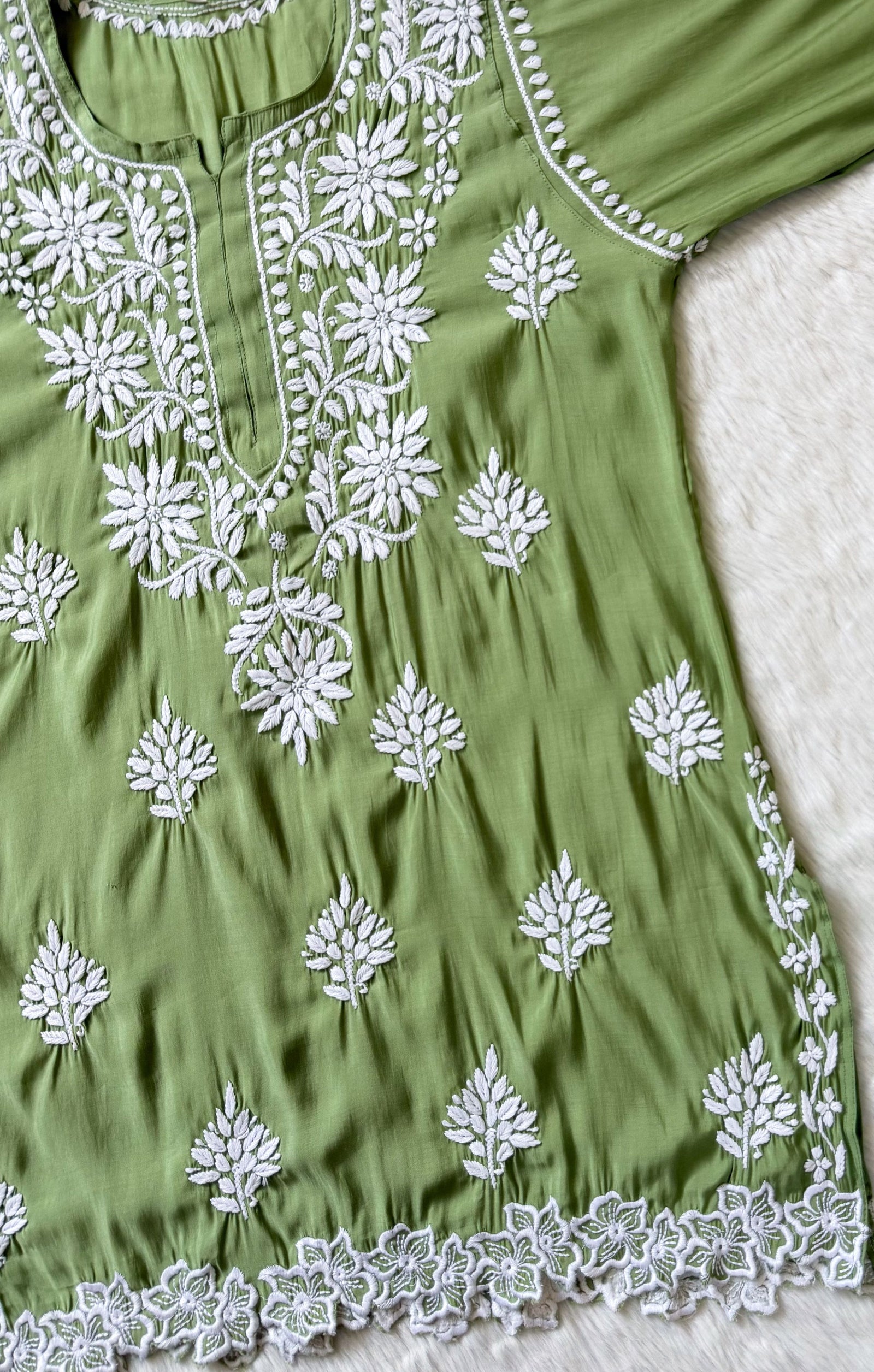 Siya Pista Green Chanderi Chikankari Short Kurti