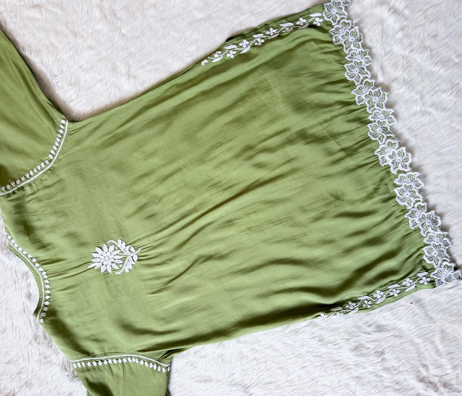 Siya Pista Green Chanderi Chikankari Short Kurti