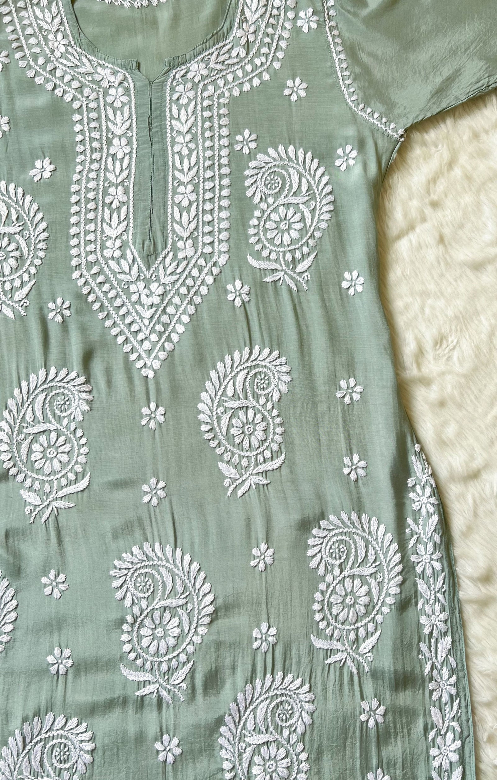 Siya Sage Green Muslin Long Kurta with Heavy Chikankari
