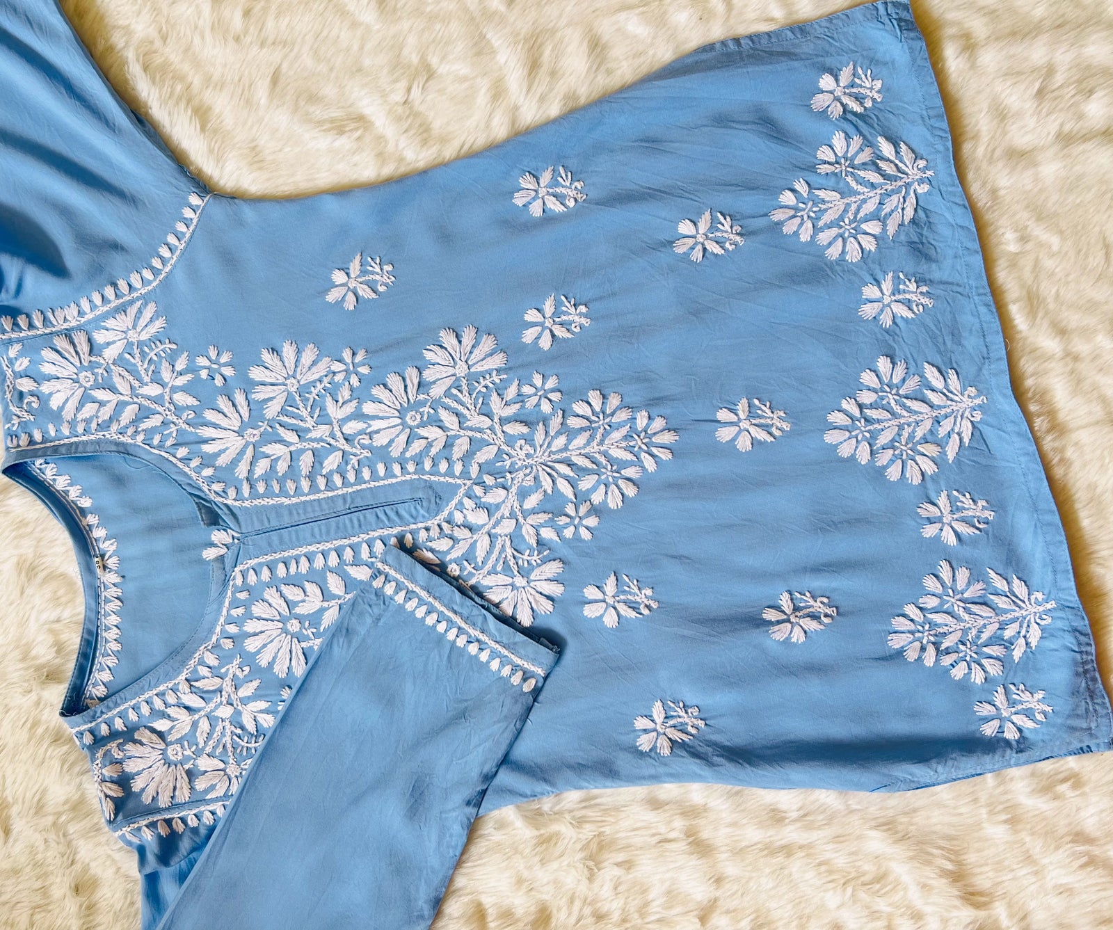 Sky Blue Short Rayon Kurta with White Chikankari