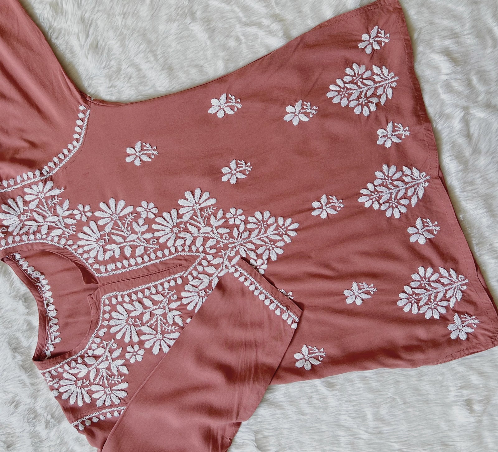 Soft Brown Short Rayon Kurta with White Chikankari