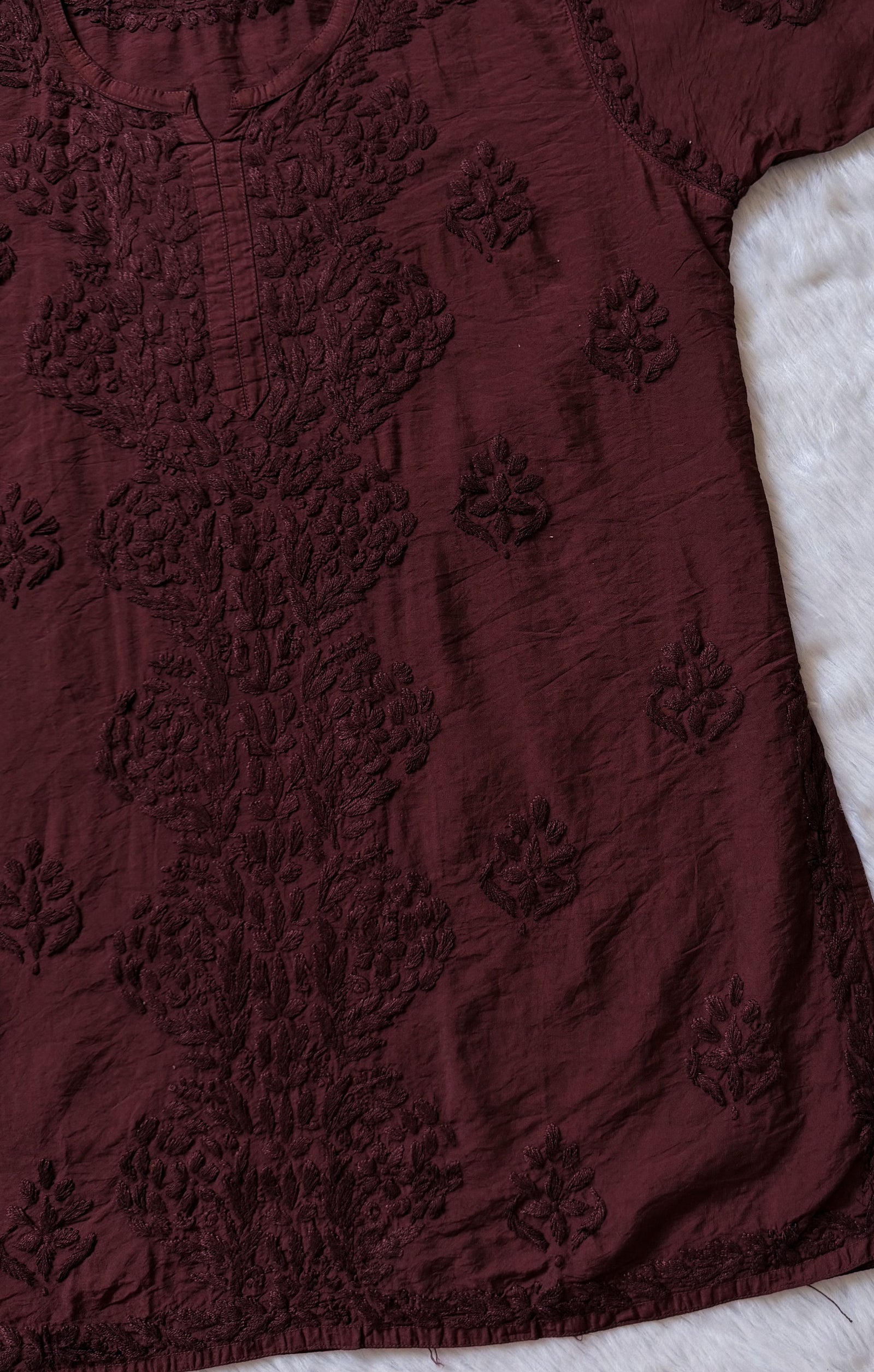 Soha Chocolate Brown Chanderi Short Kurti with Chikankari Handwork