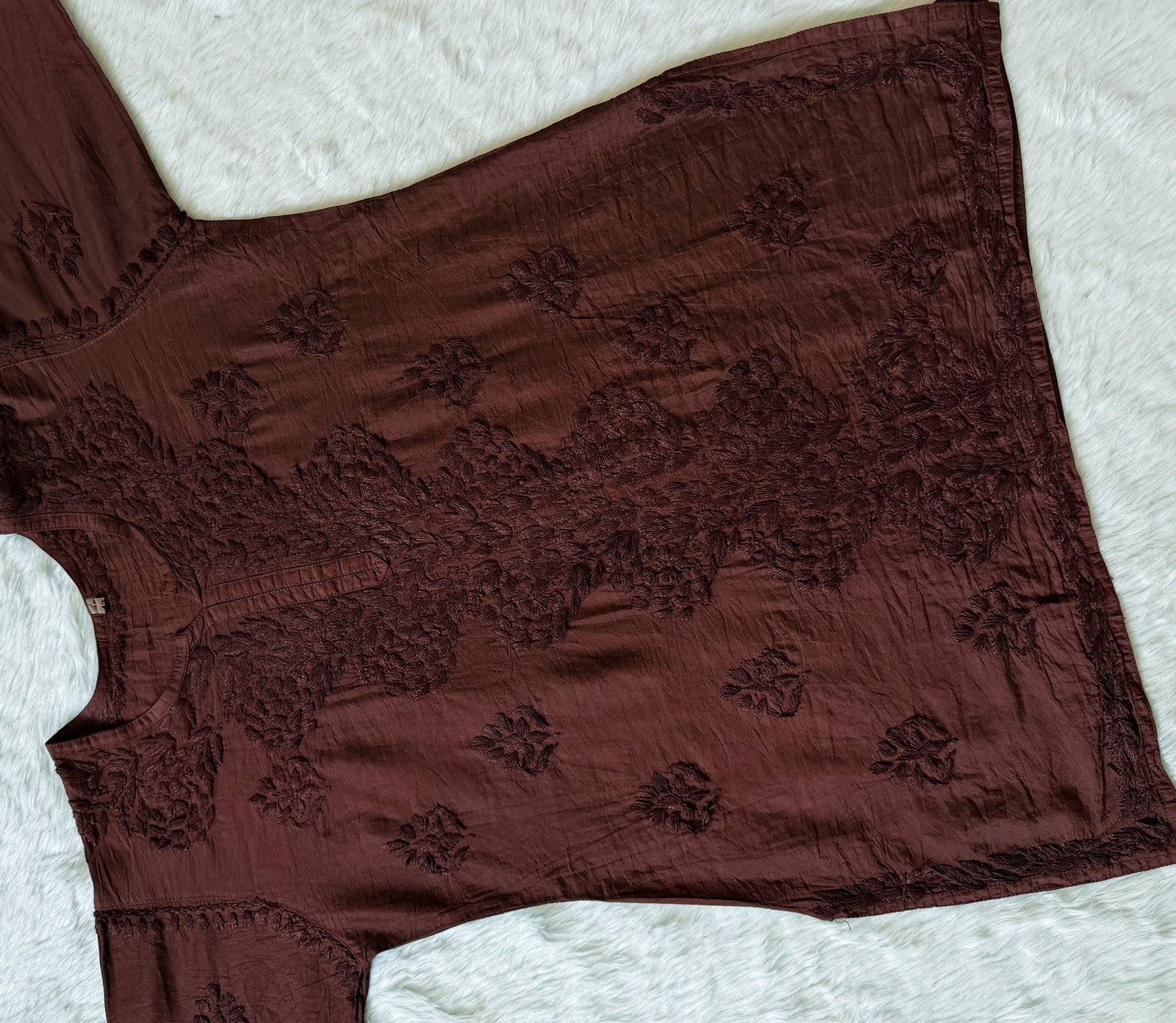 Soha Chocolate Brown Chanderi Short Kurti with Chikankari Handwork