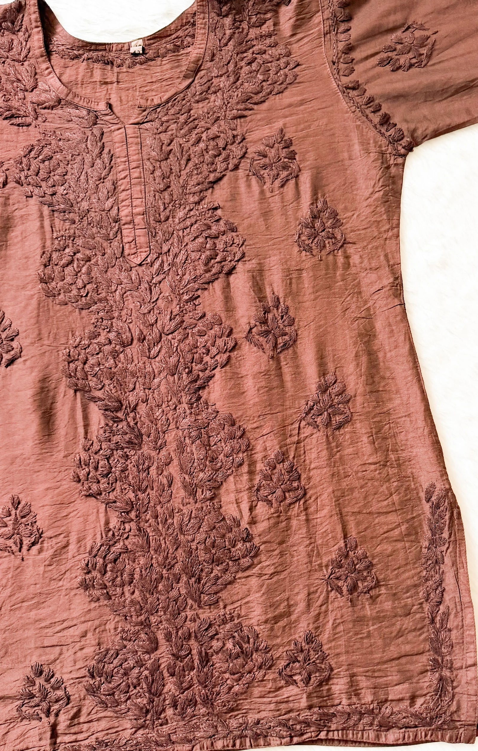 Soha Coffee Brown Chanderi Short Kurti with Chikankari Handwork