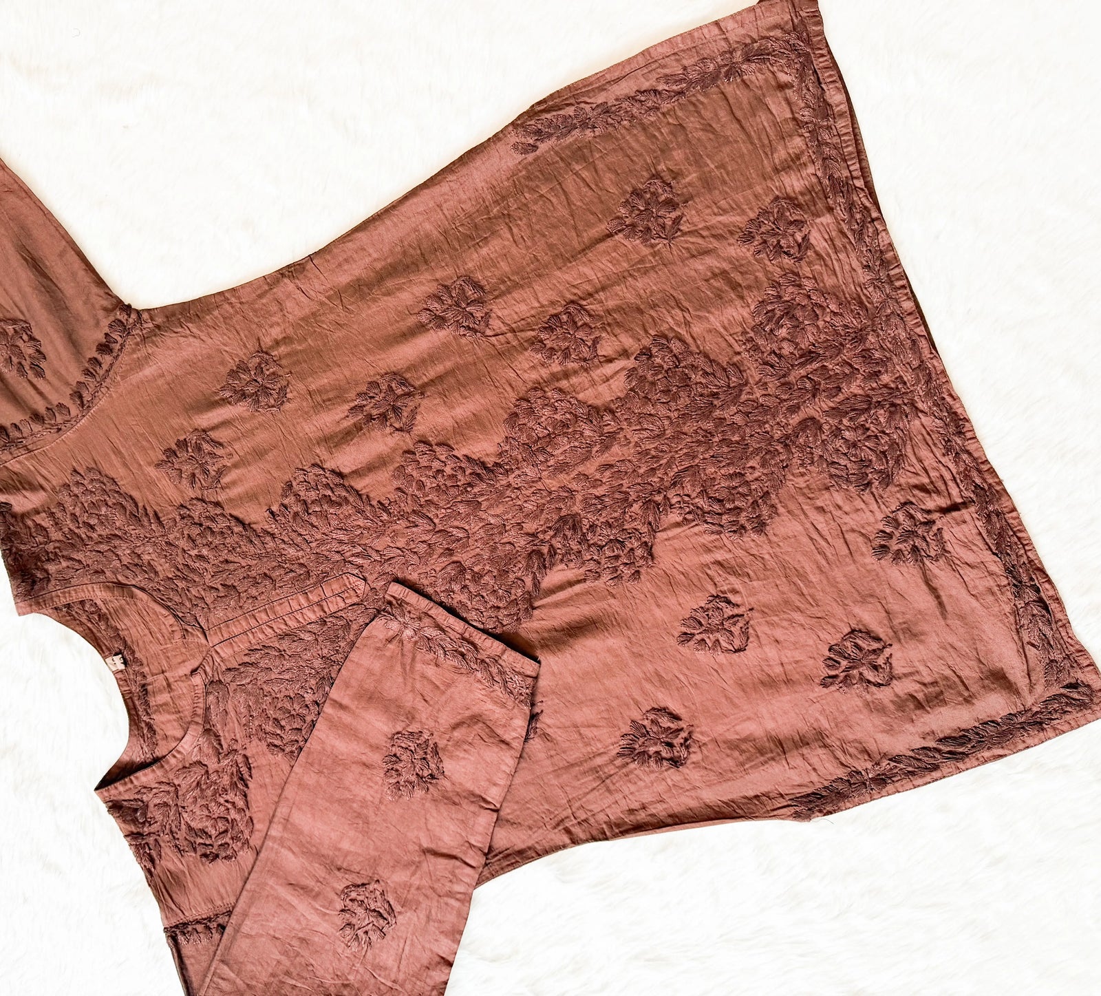 Soha Coffee Brown Chanderi Short Kurti with Chikankari Handwork