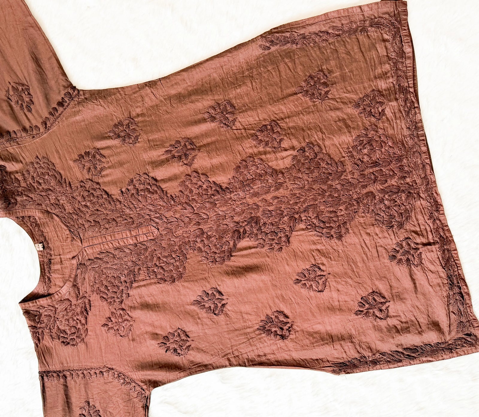 Soha Coffee Brown Chanderi Short Kurti with Chikankari Handwork