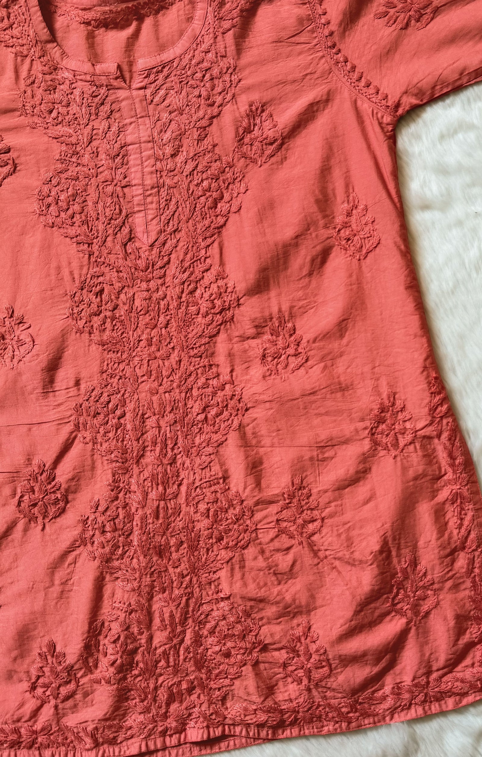 Soha Coral Chanderi Short Kurti with Chikankari Handwork