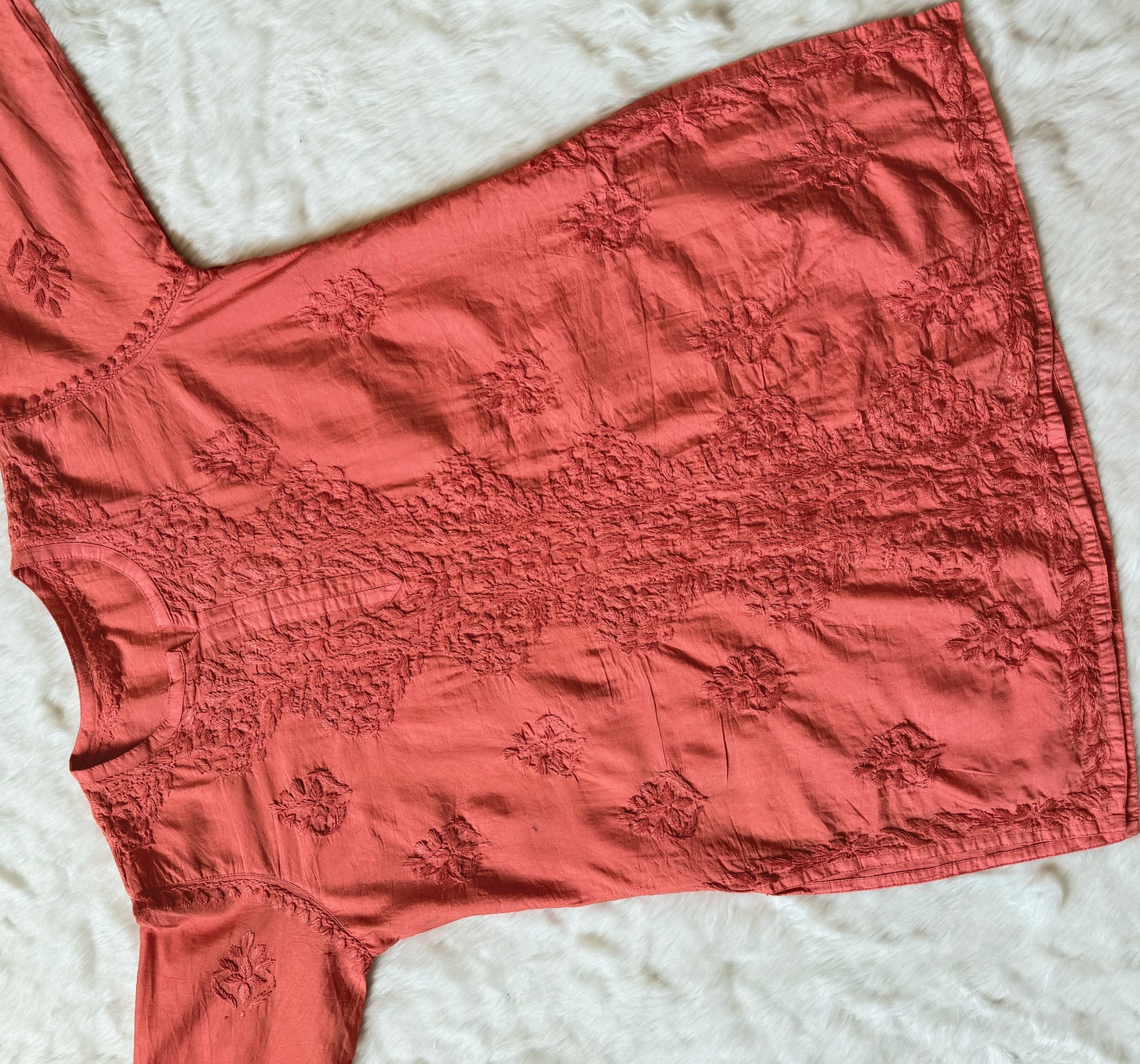 Soha Coral Chanderi Short Kurti with Chikankari Handwork