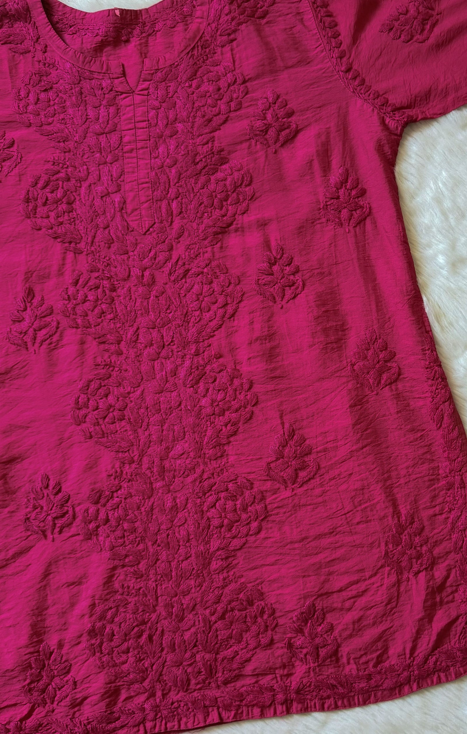 Soha Hot Pink Chanderi Short Kurti with Chikankari Handwork