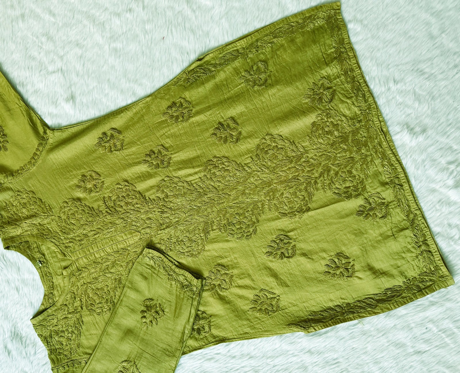 Soha Lime Chanderi Short Kurti with Chikankari Handwork