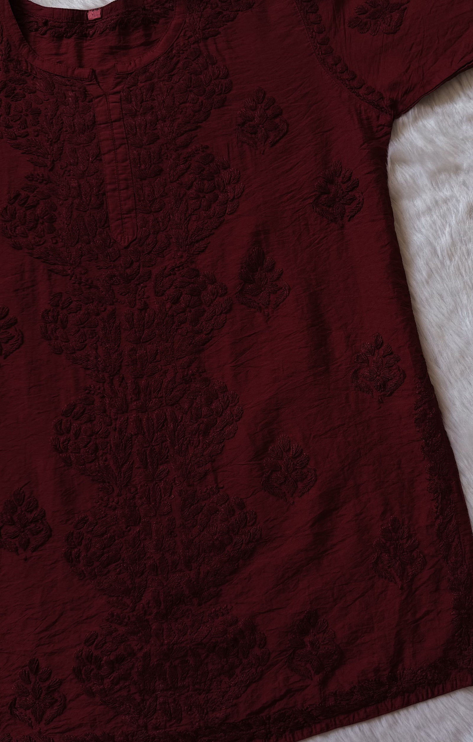 Soha Maroon Chanderi Short Kurti with Chikankari Handwork