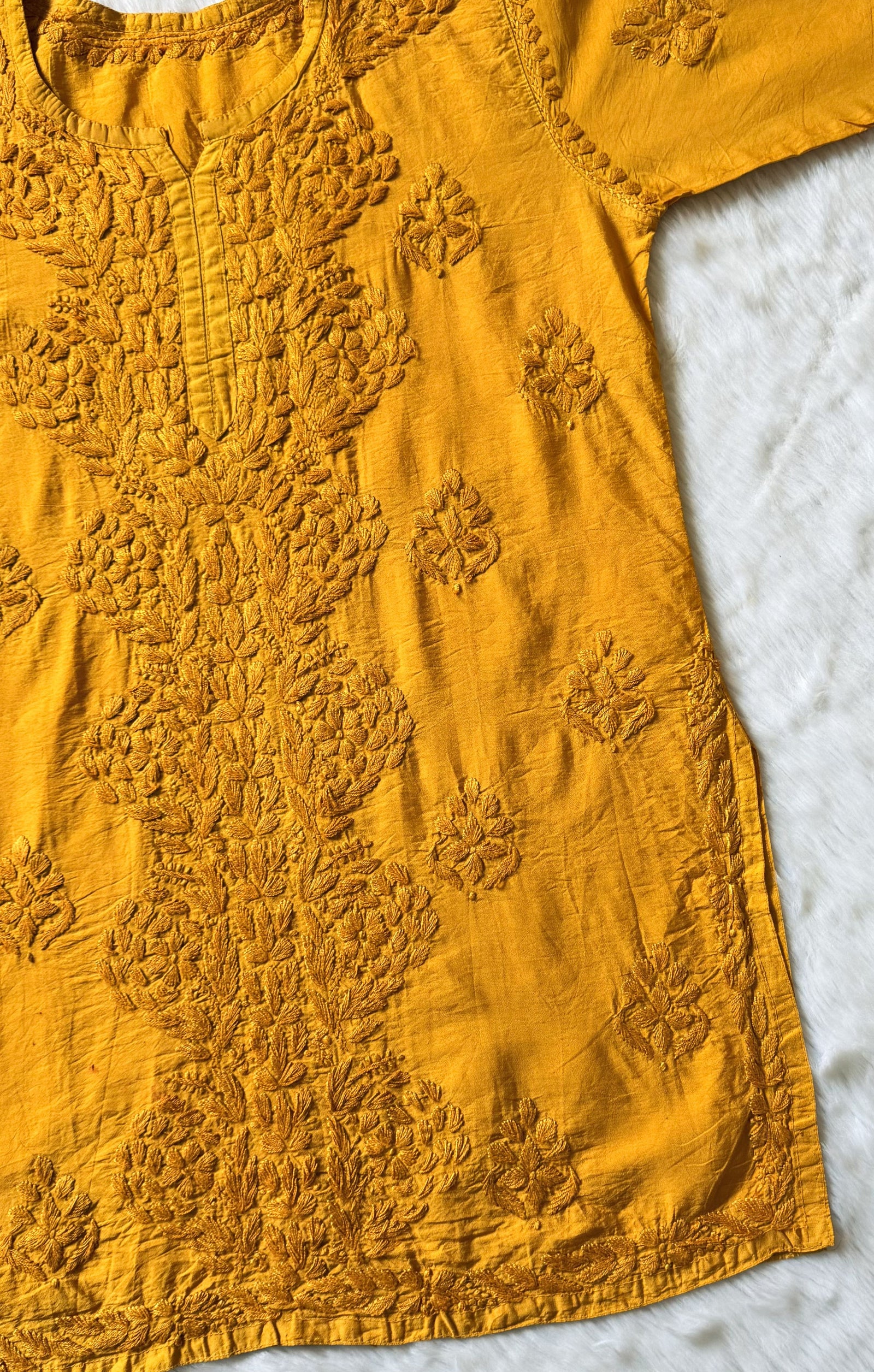 Soha Mustard Chanderi Short Kurti with Chikankari Handwork