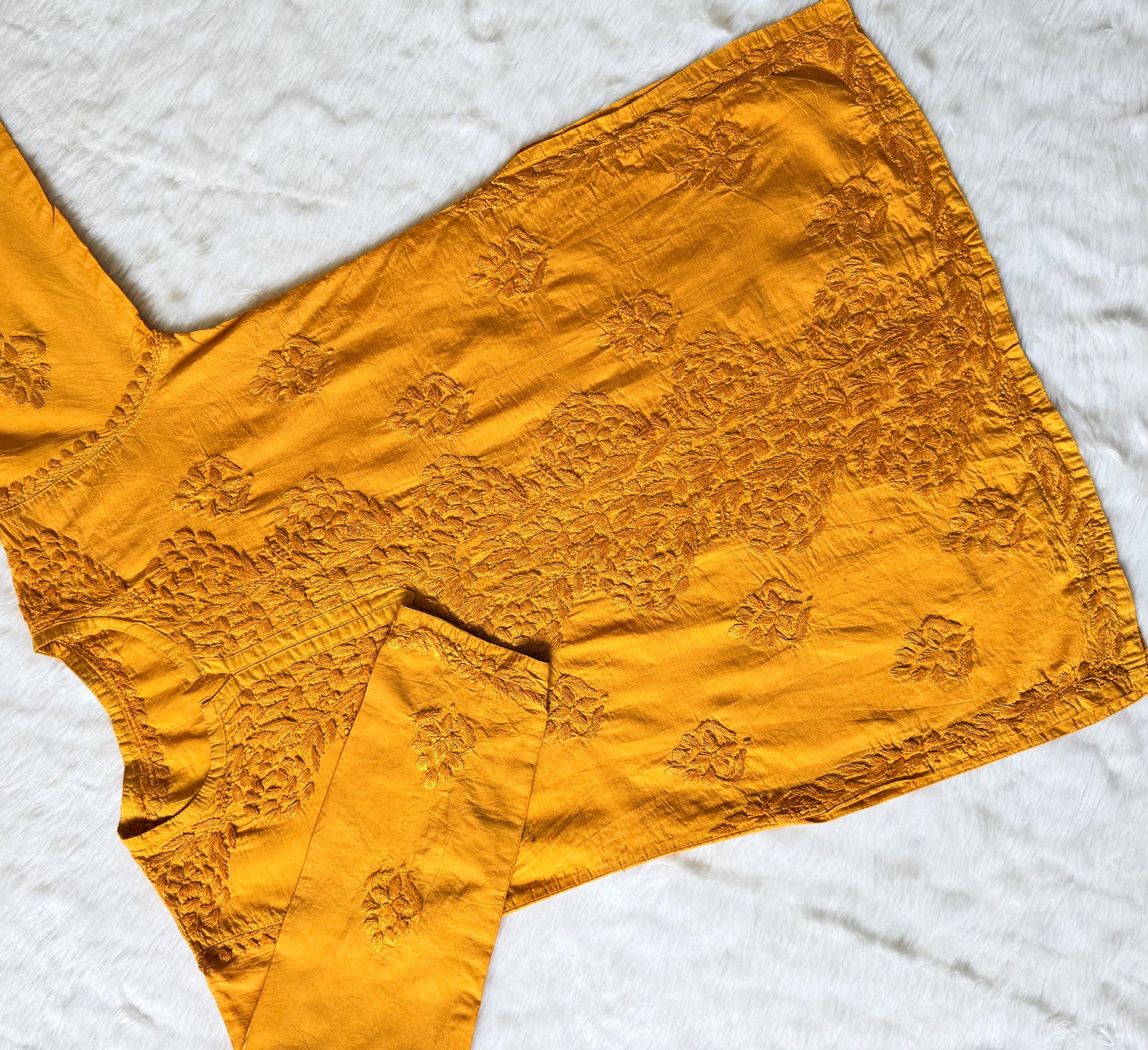 Soha Mustard Chanderi Short Kurti with Chikankari Handwork
