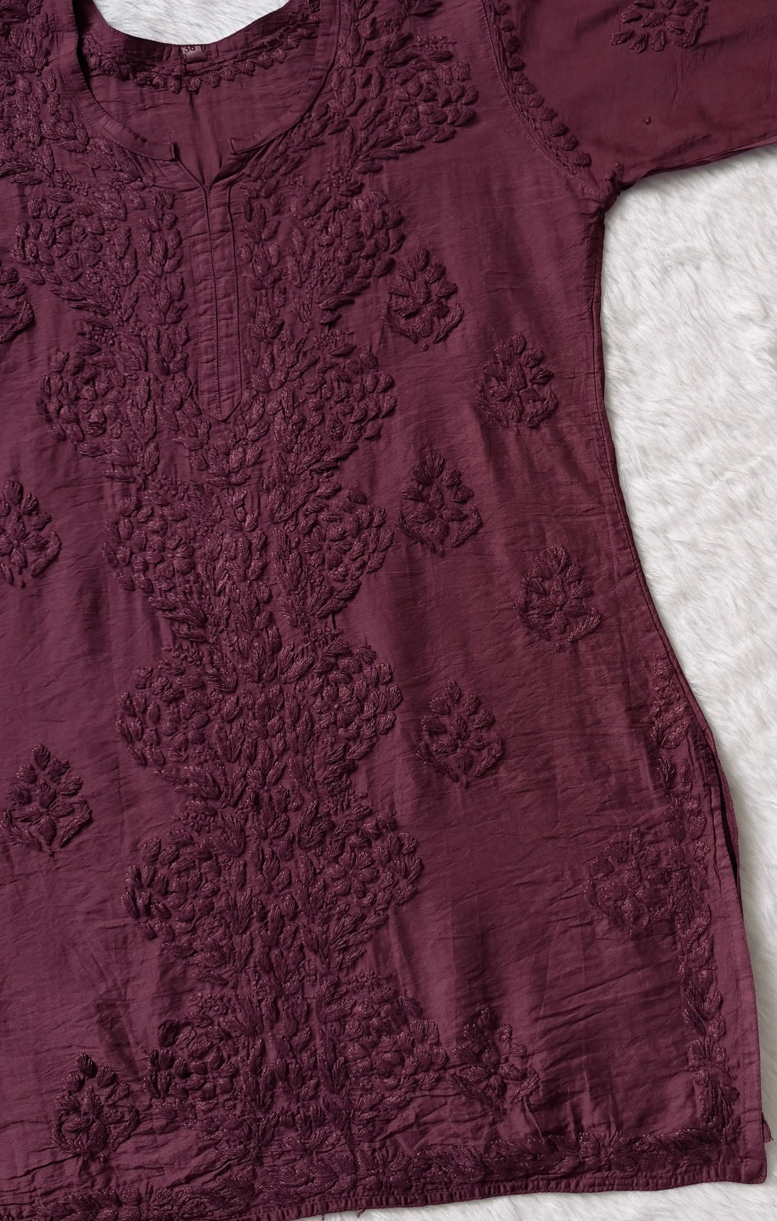 Soha Plum Chanderi Short Kurti with Chikankari Handwork