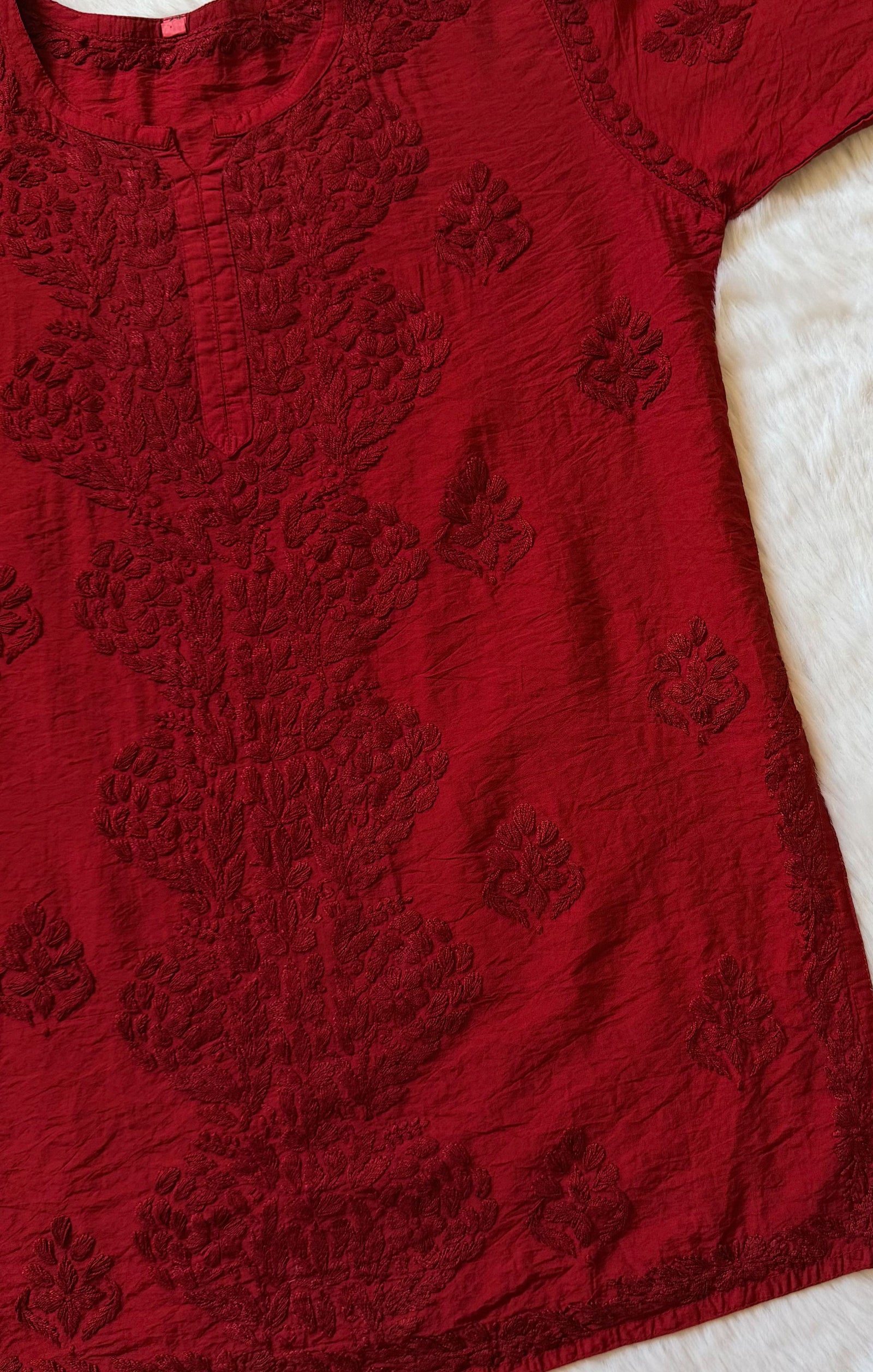 Soha Red Chanderi Short Kurti with Chikankari Handwork