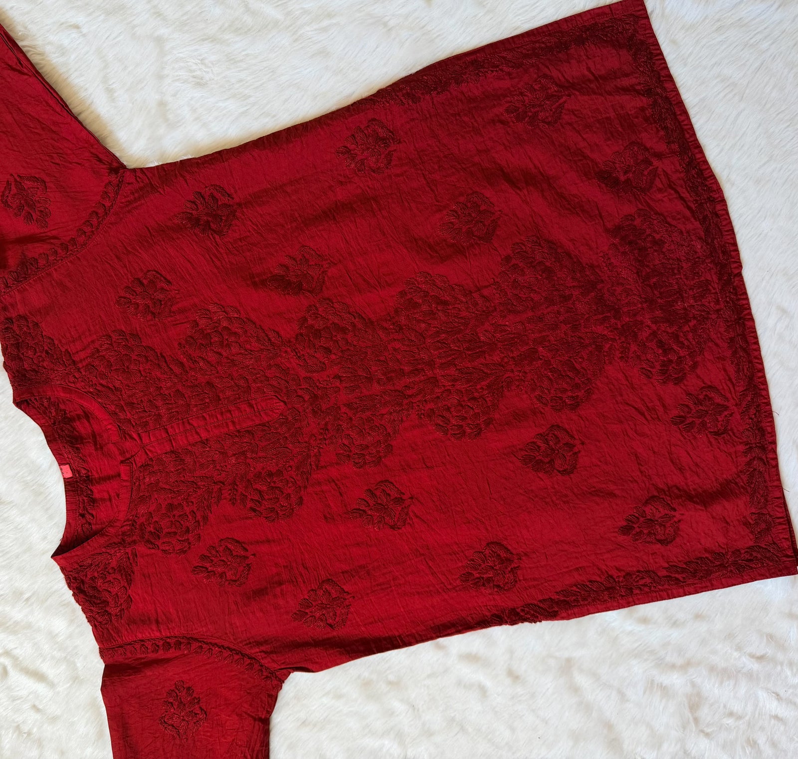 Soha Red Chanderi Short Kurti with Chikankari Handwork