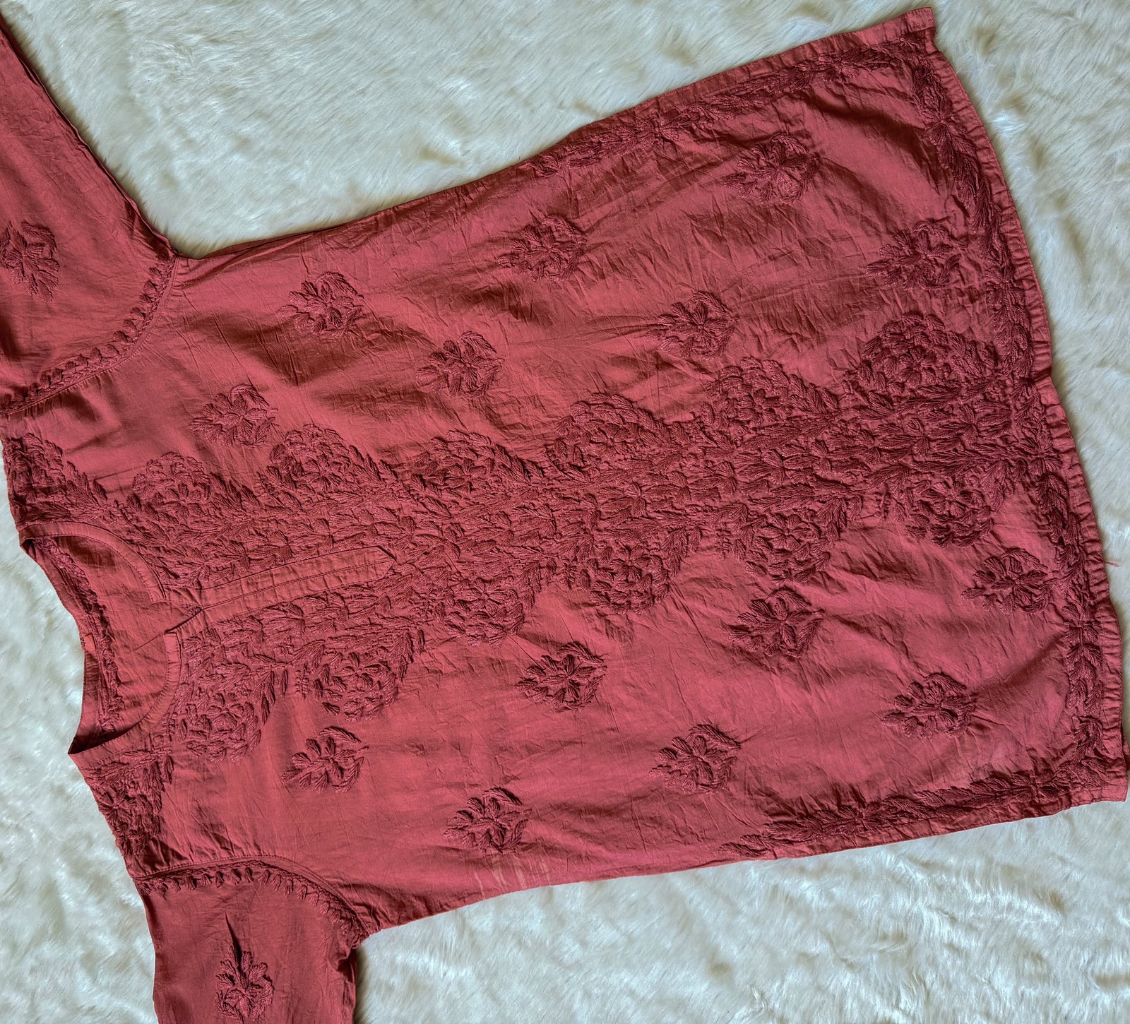 Soha Rose Brown Chanderi Short Kurti with Chikankari Handwork