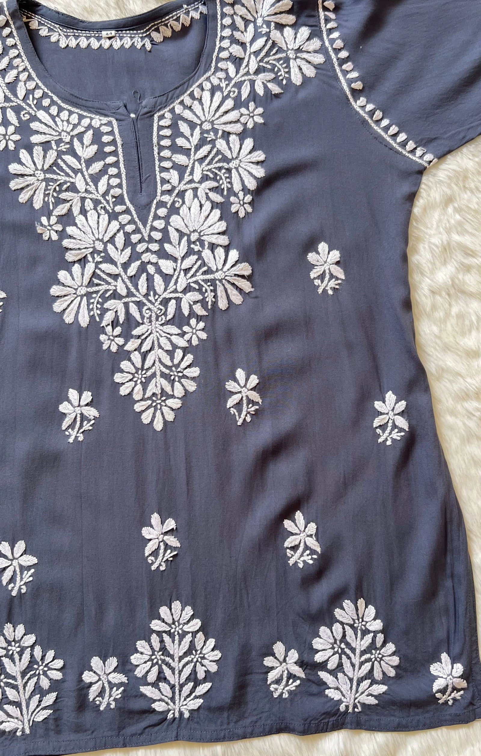 Steel Grey Short Rayon Kurta with White Chikankari
