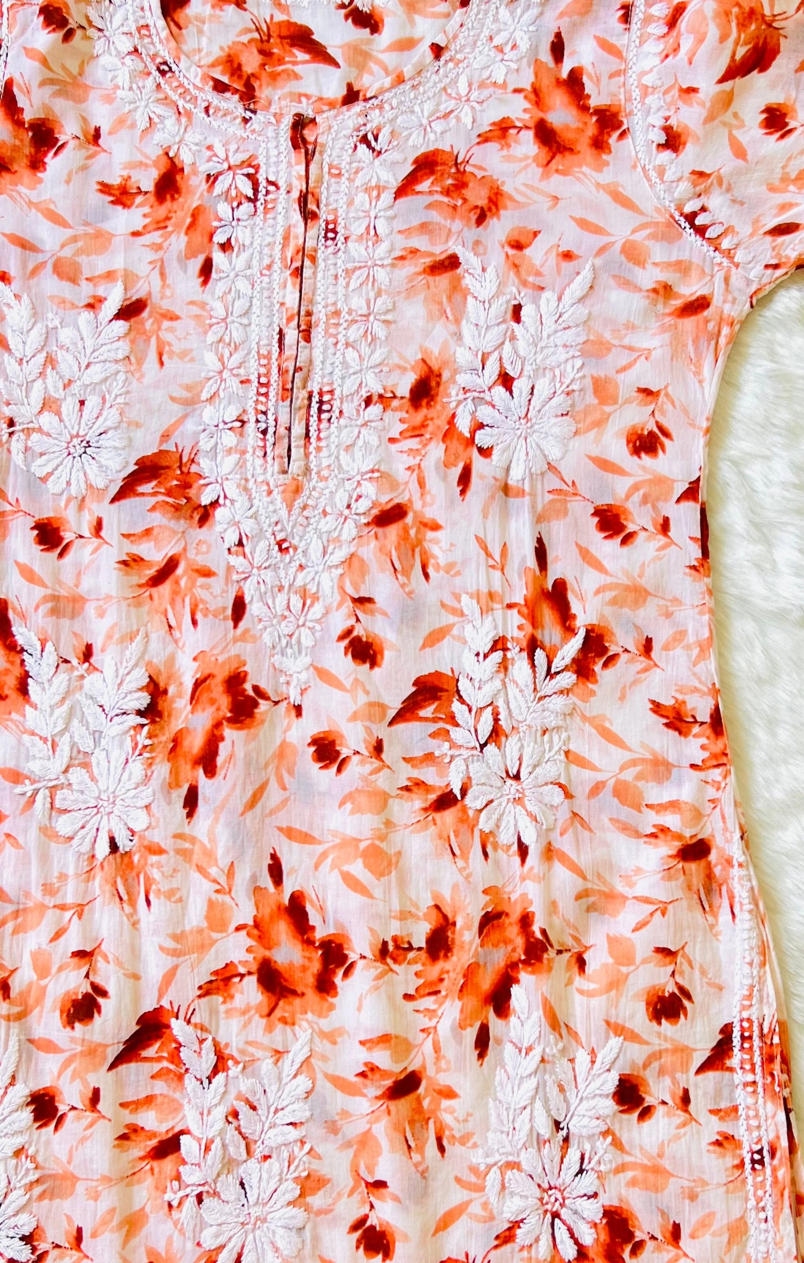 Tangerine orange Printed MulMul Kurta with Heavy Chikankari