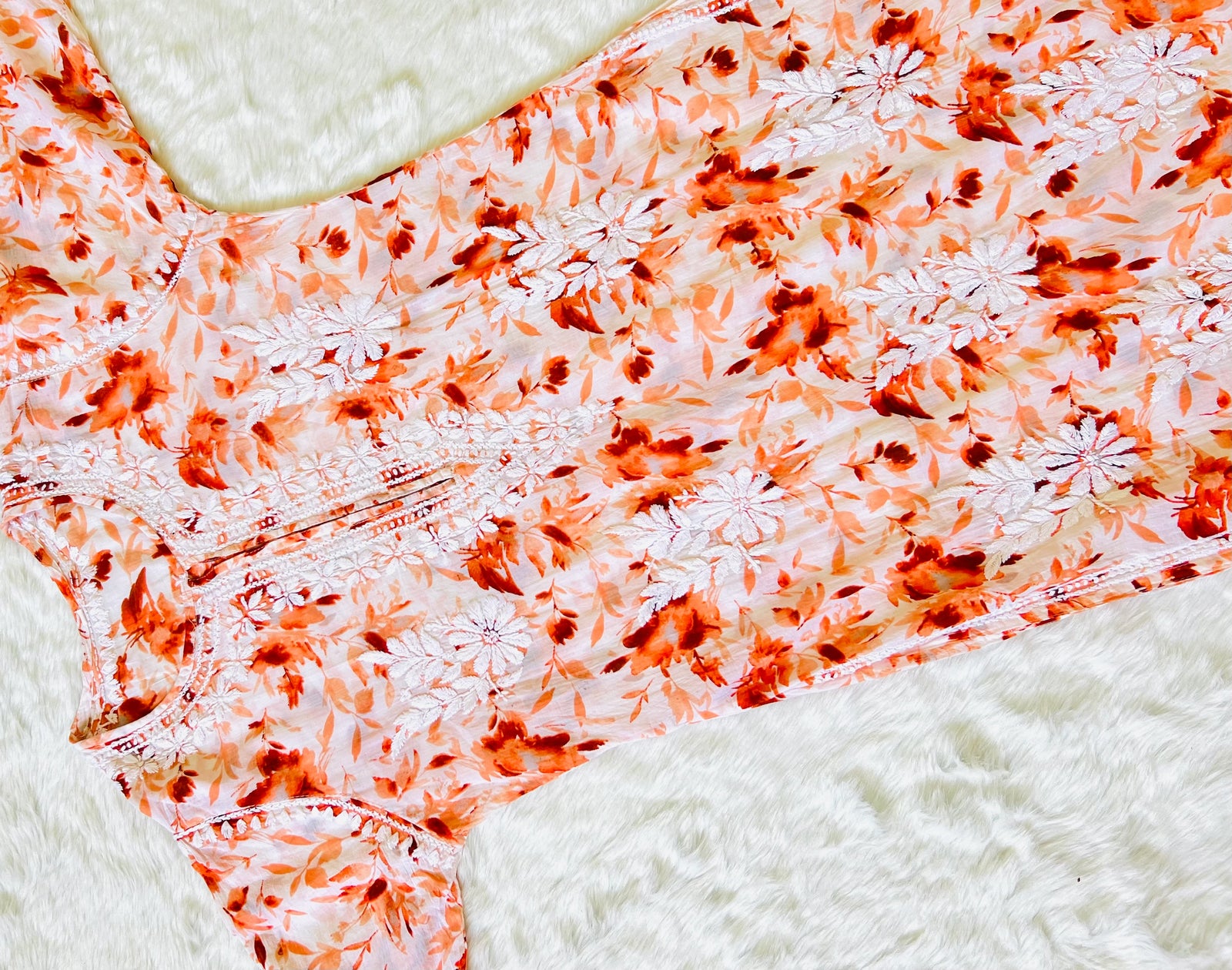 Tangerine orange Printed MulMul Kurta with Heavy Chikankari