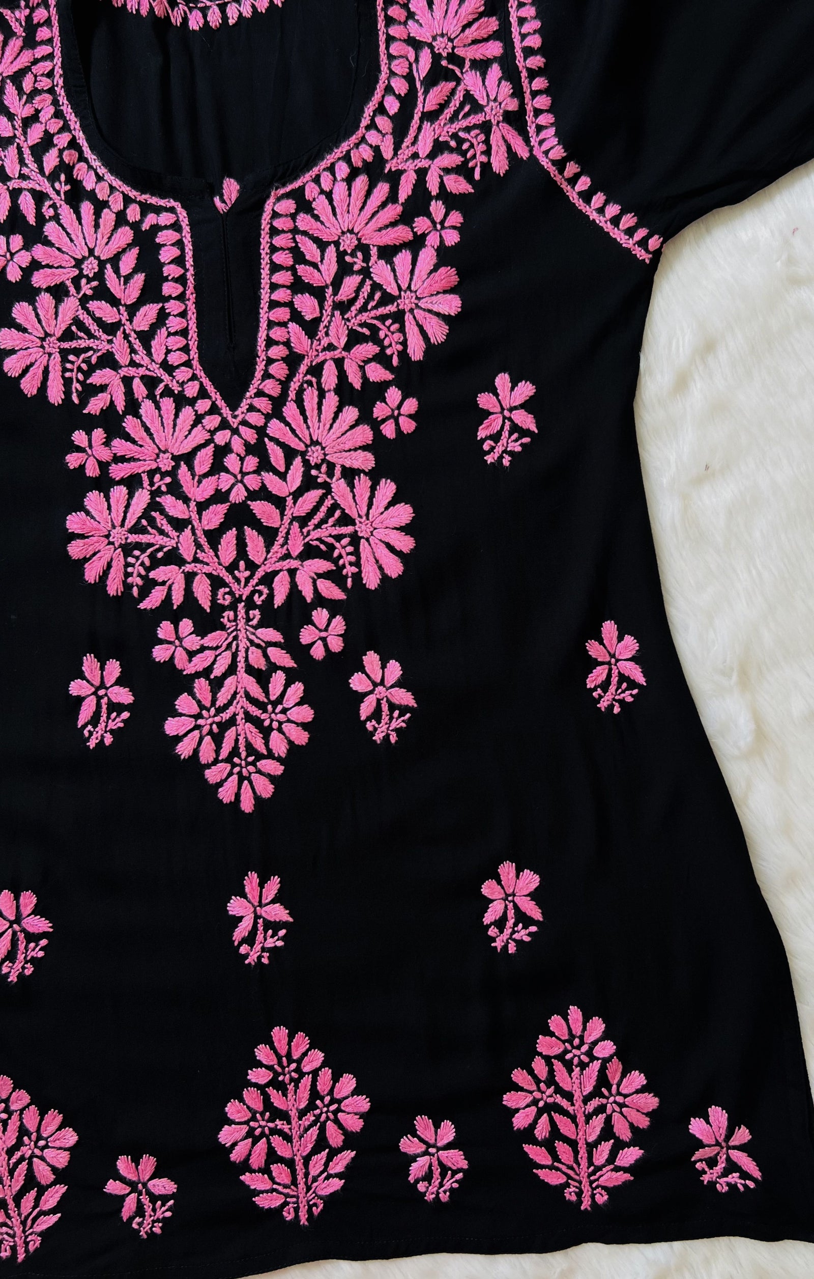 Tara Black & Baby Pink Short Rayon Chikankari Kurta