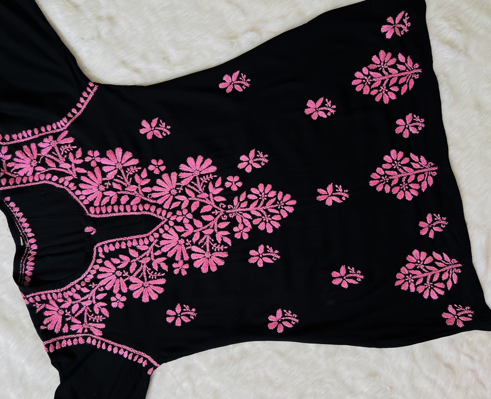 Tara Black & Baby Pink Short Rayon Chikankari Kurta