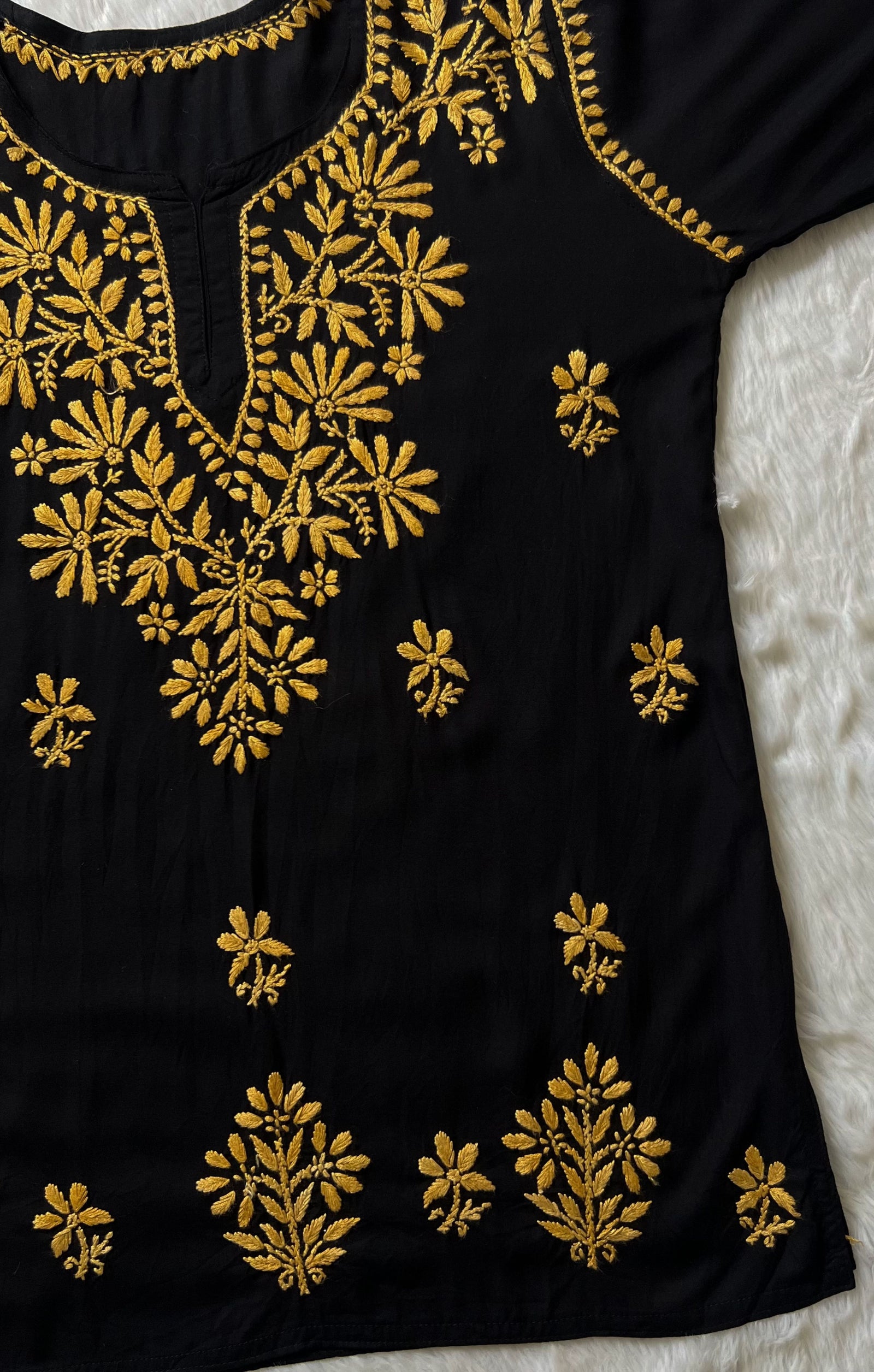 Tara Black & Mustard Short Rayon Chikankari Kurta