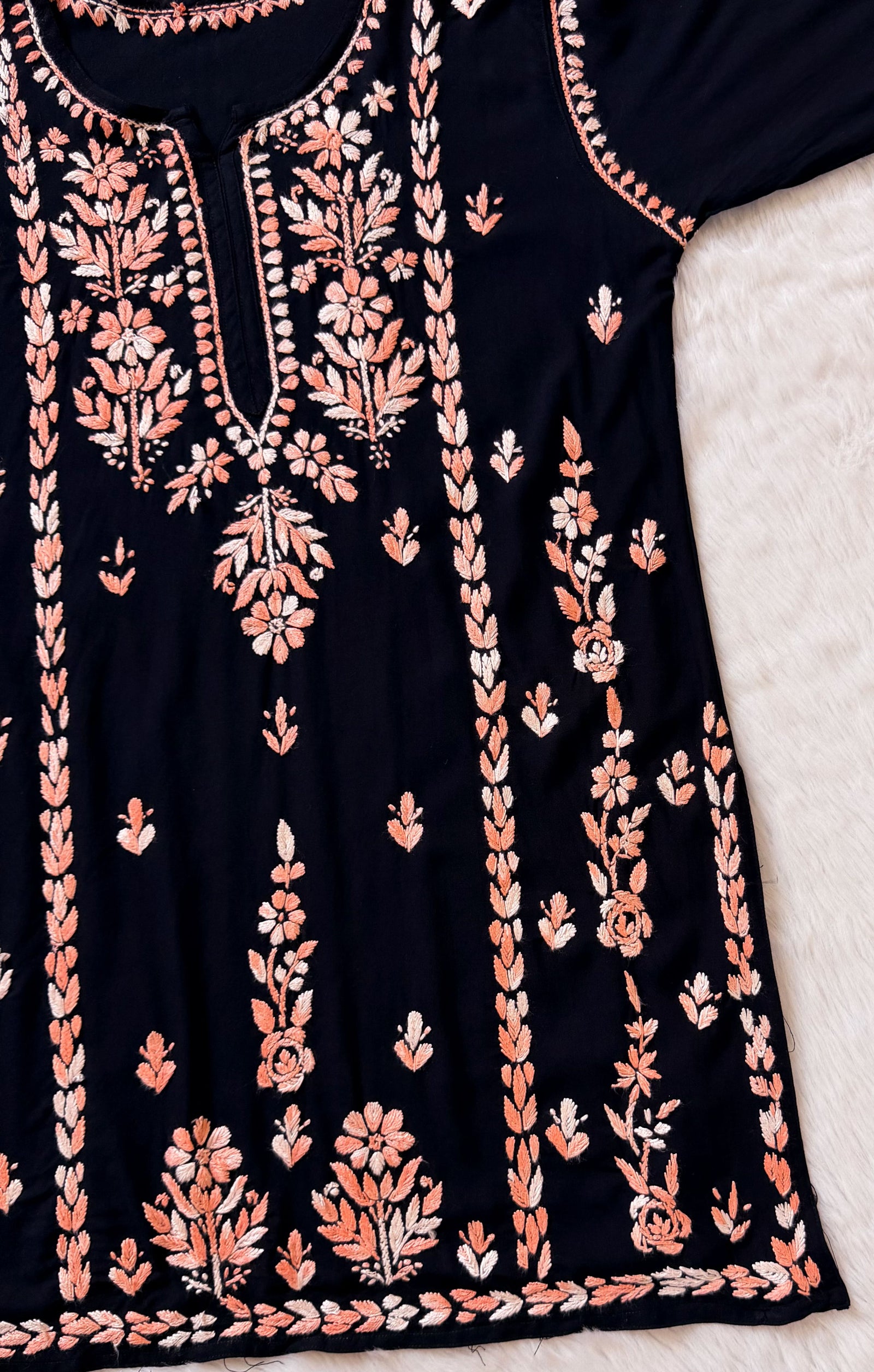 Tara Black & Peach Short Rayon Chikankari Kurti
