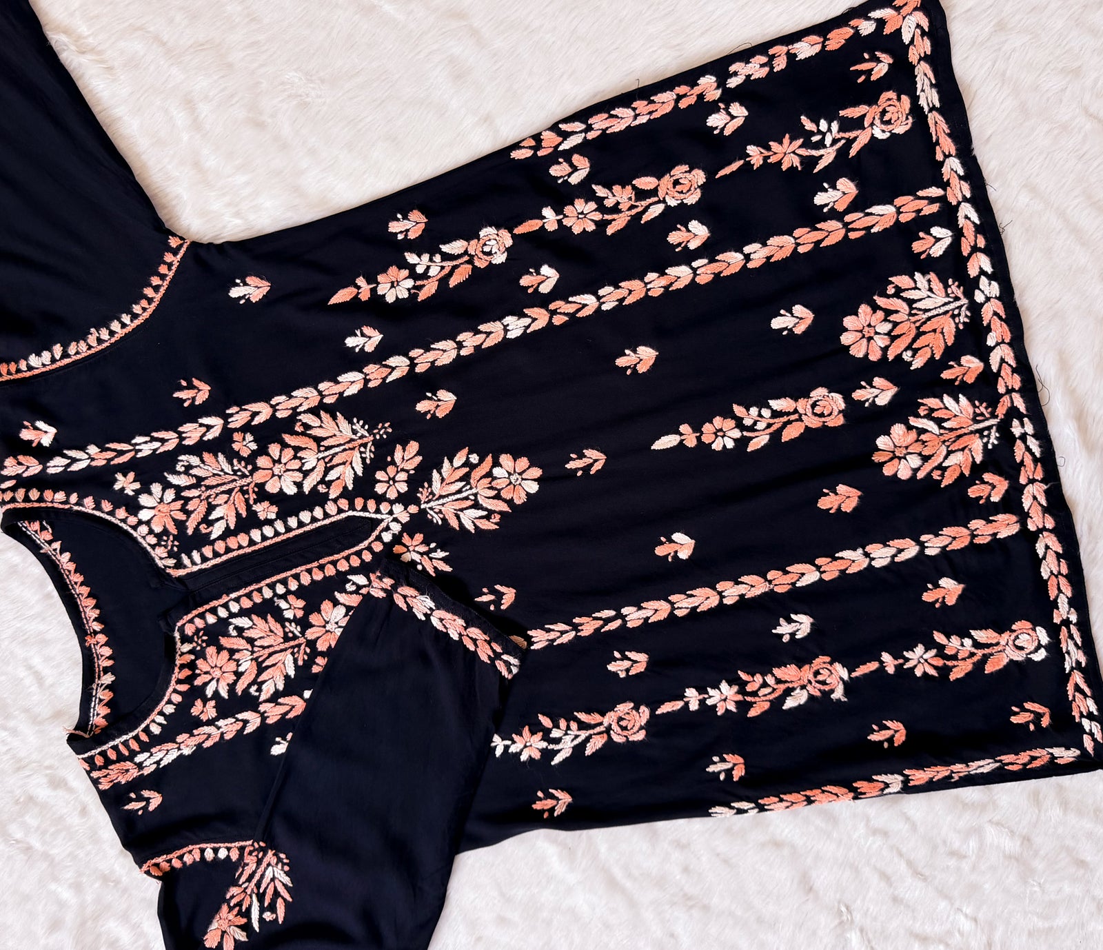 Tara Black & Peach Short Rayon Chikankari Kurti