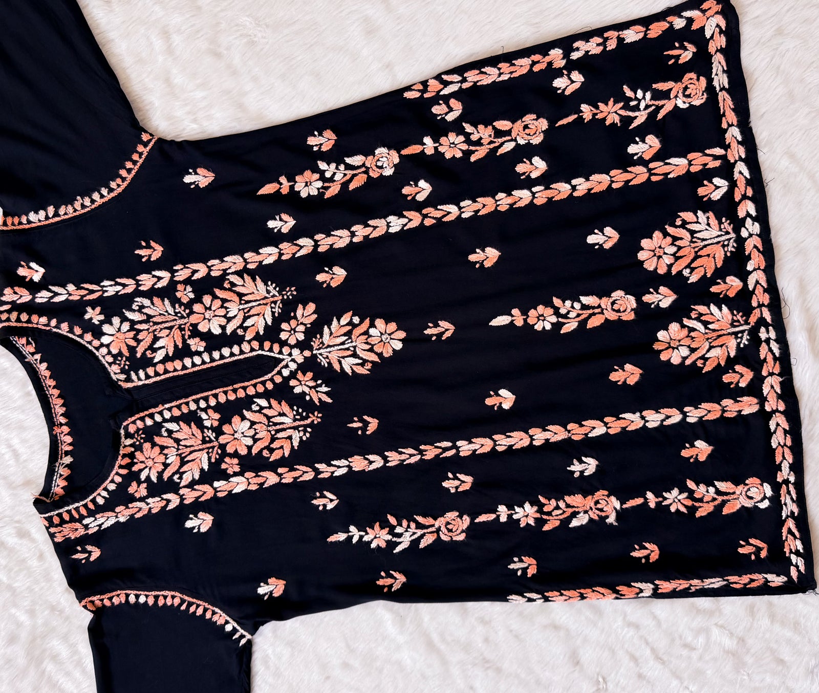 Tara Black & Peach Short Rayon Chikankari Kurti