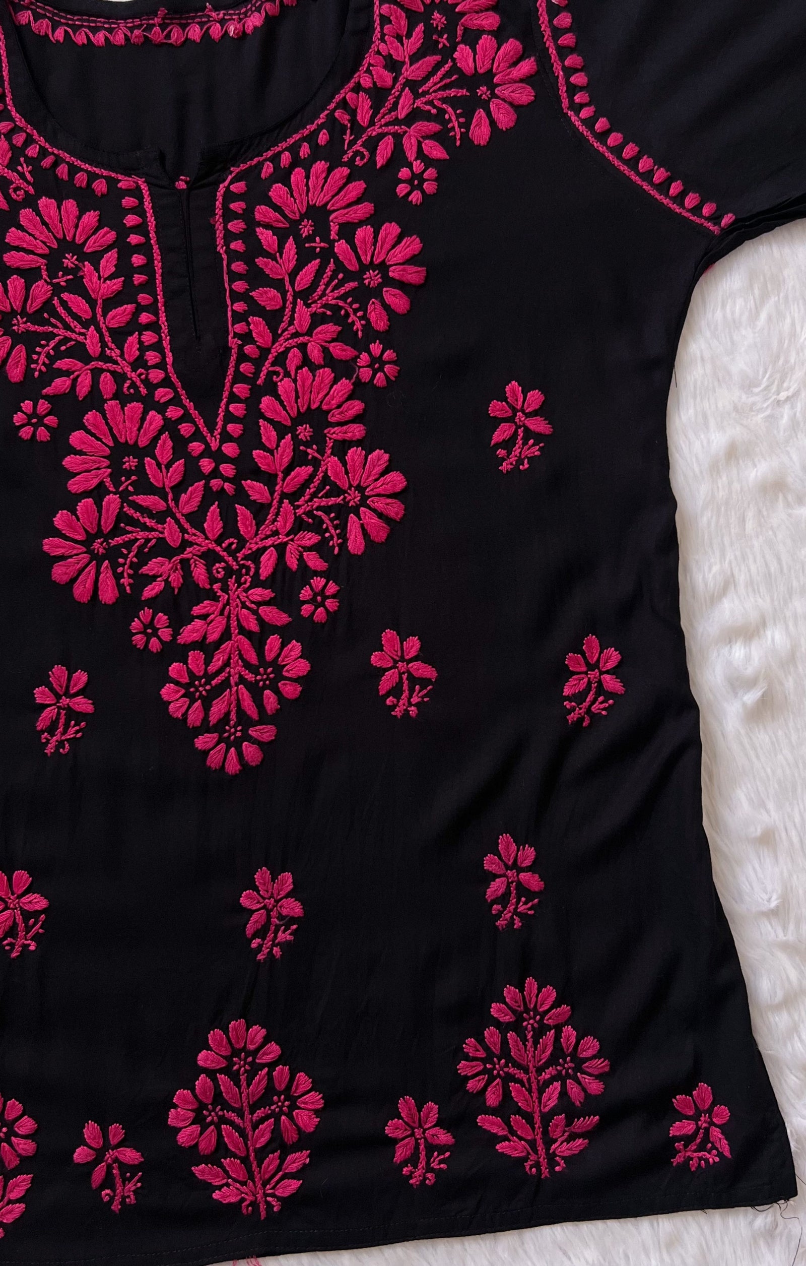 Tara Black & Pink Short Rayon Chikankari Kurta