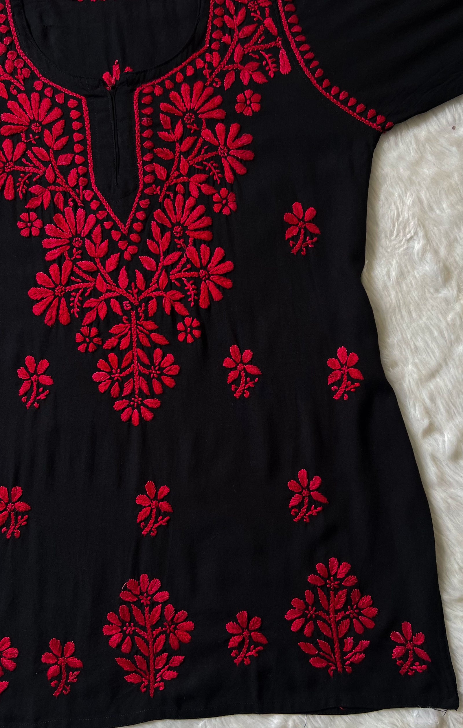 Tara Black & Red Short Rayon Chikankari Kurta