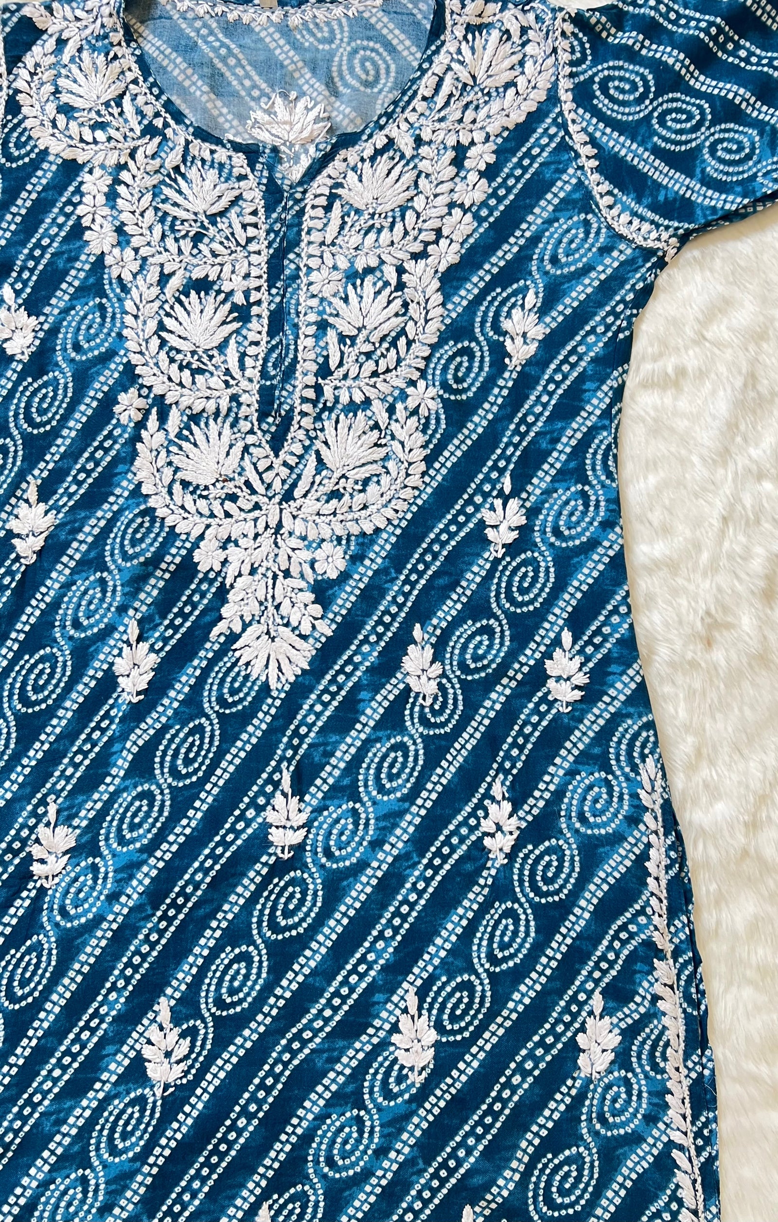 Teal Blue Long Printed Rayon Kurta