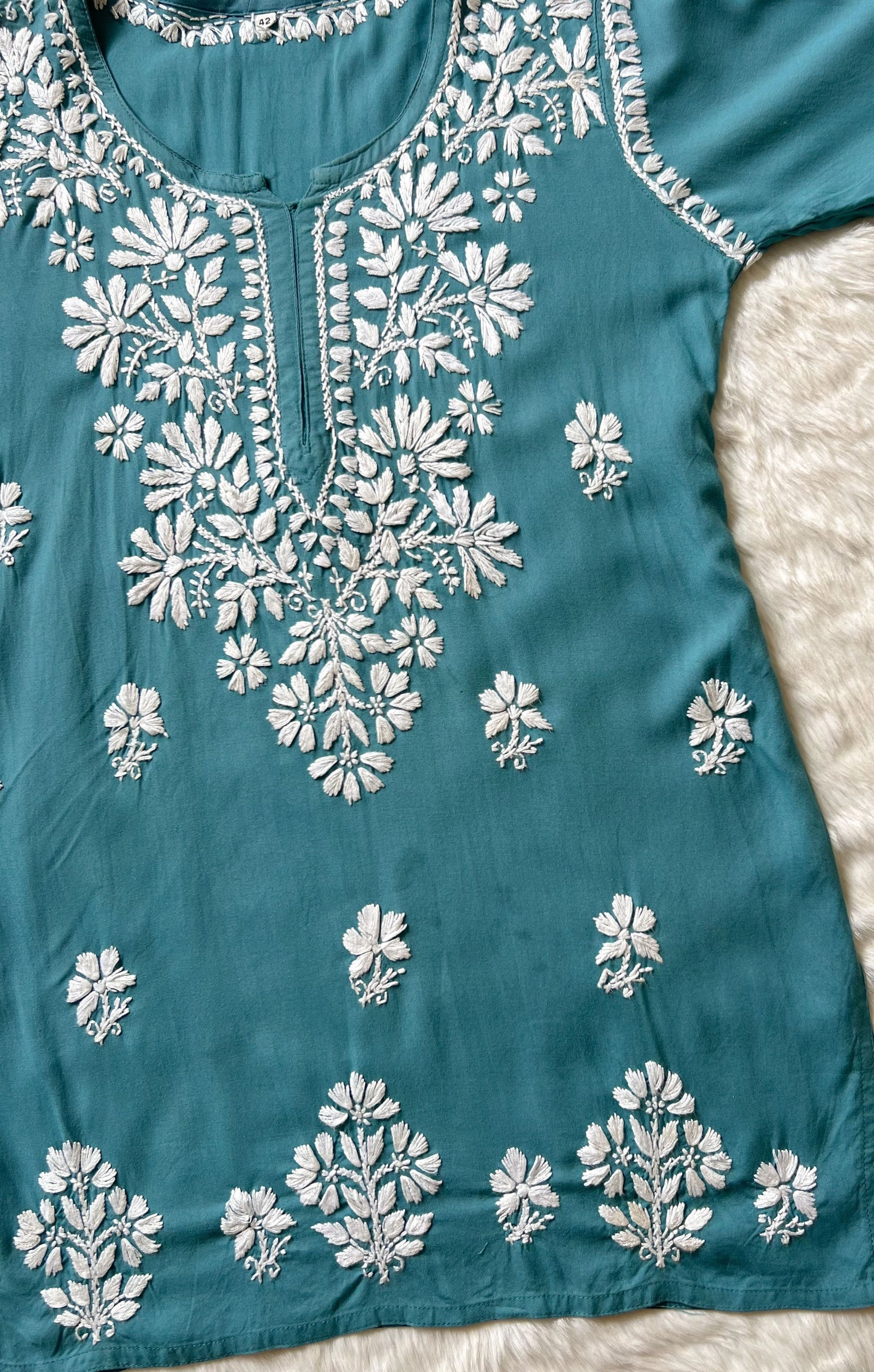 Teal Short Rayon Kurta with White Chikankari