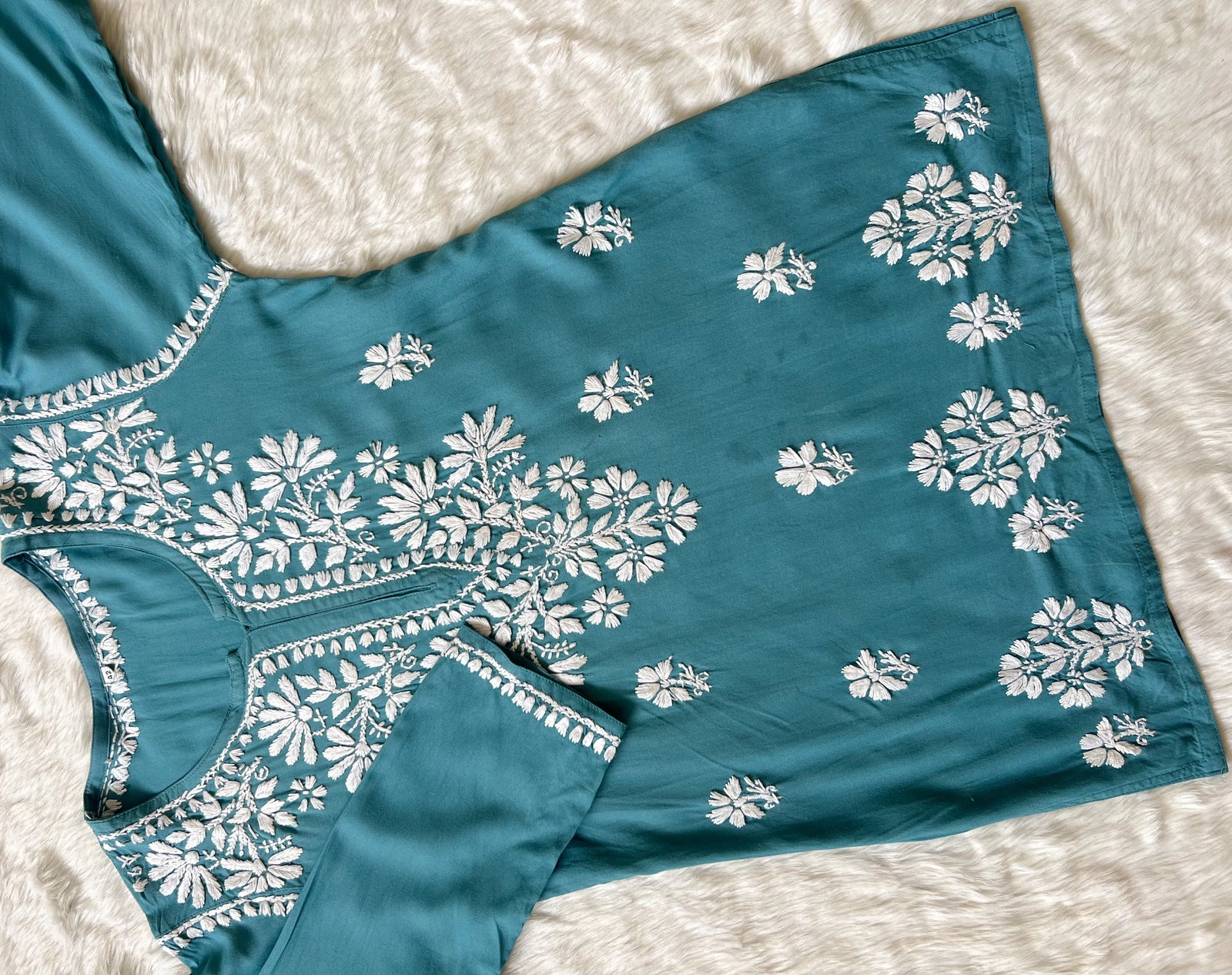 Teal Short Rayon Kurta with White Chikankari