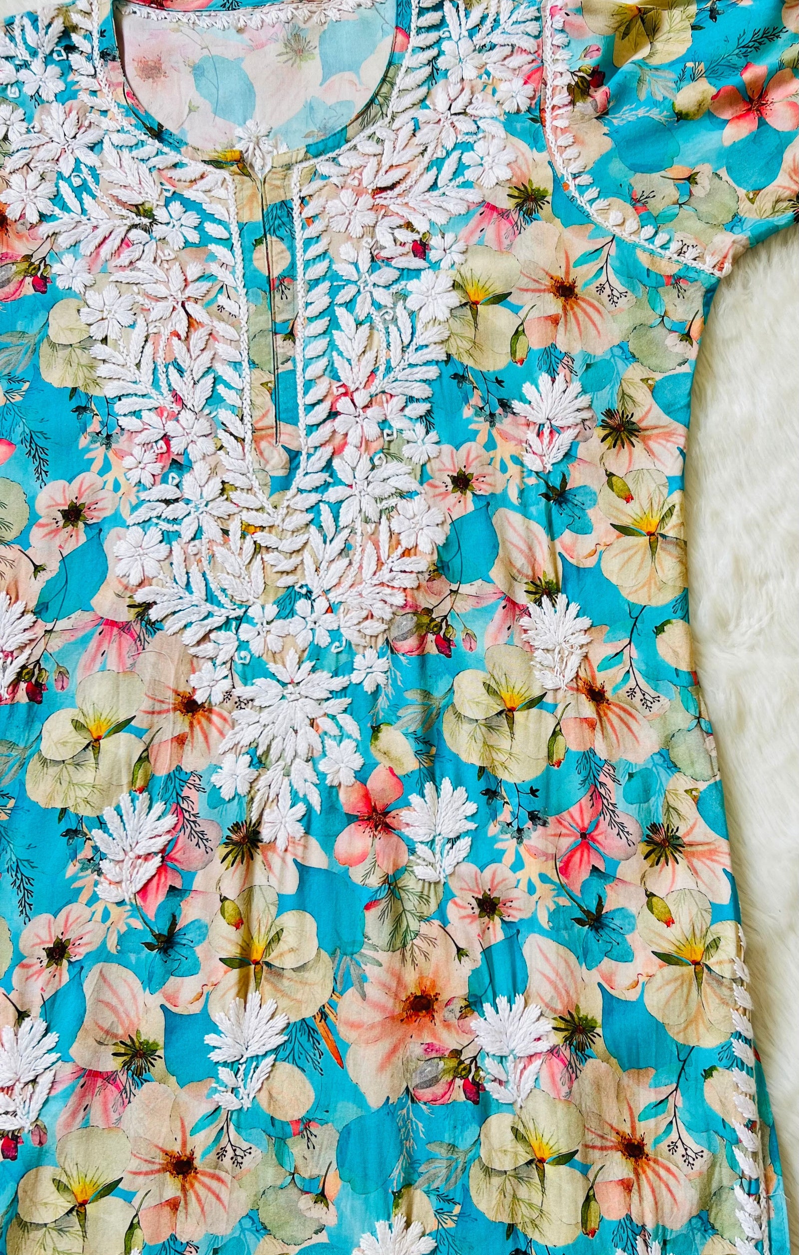 Tina Aqua Blue Long Rayon Kurta with White Chikankari