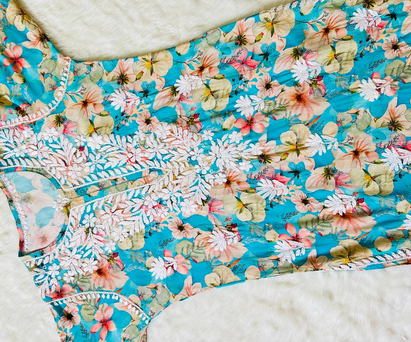 Tina Aqua Blue Long Rayon Kurta with White Chikankari