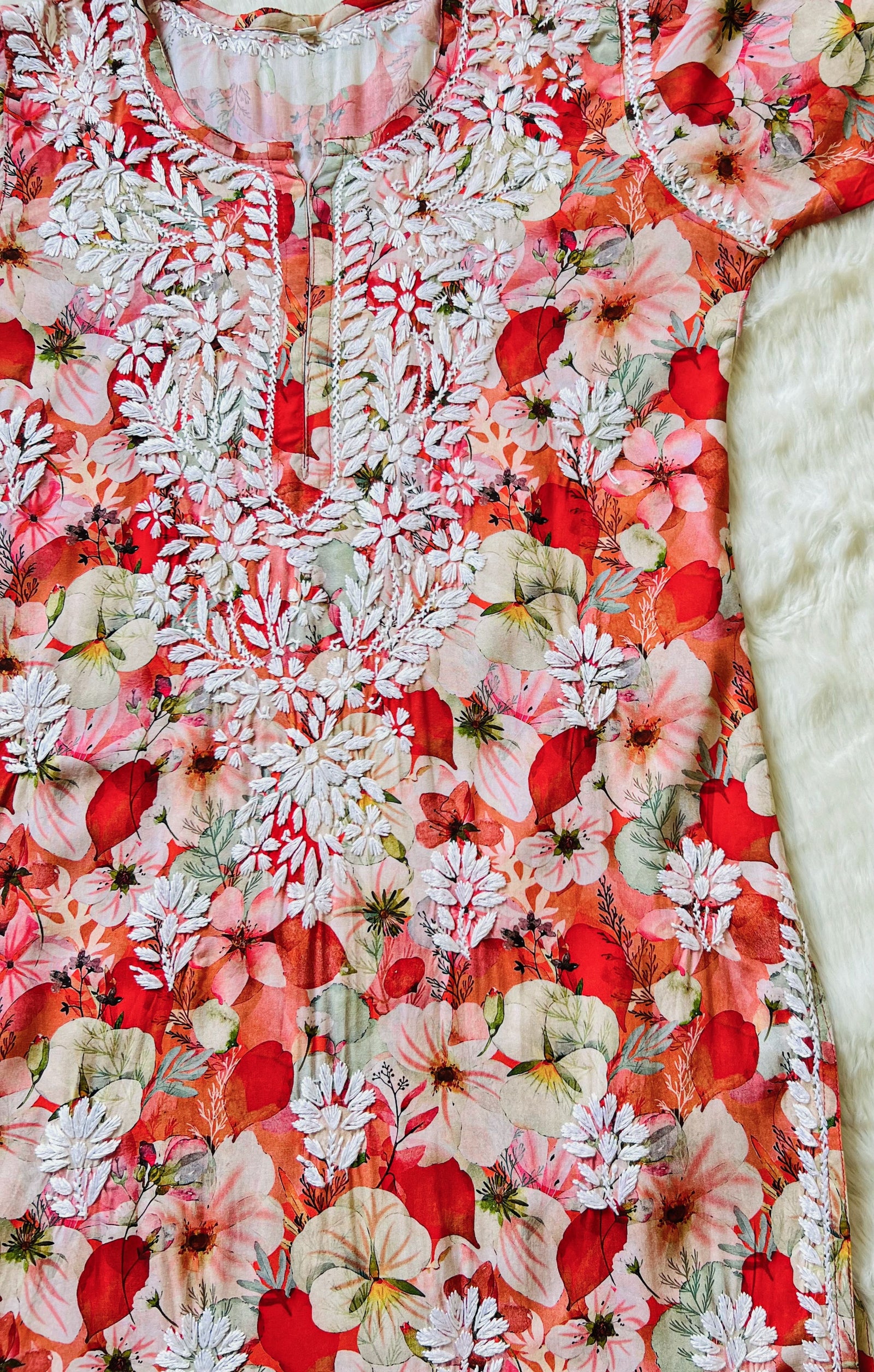 Tina Orange Printed Rayon Kurta with White Chikankari