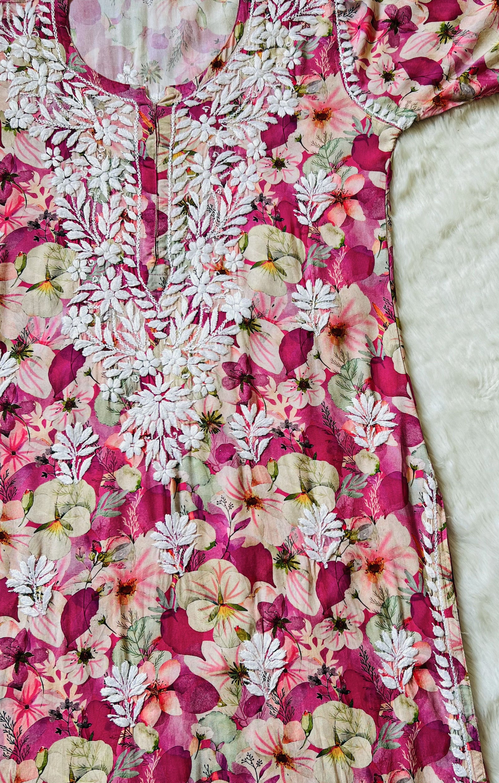 Tina Pink Printed Rayon Kurta with White Chikankari