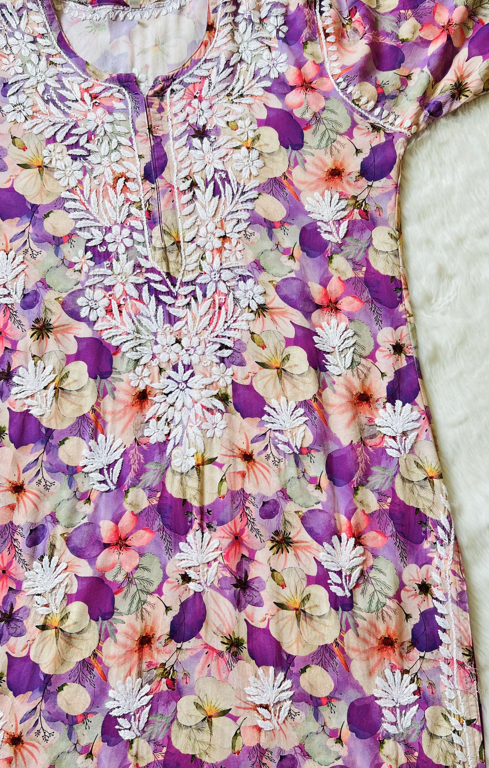 Tina Purple Printed Rayon Kurta with White Chikankari