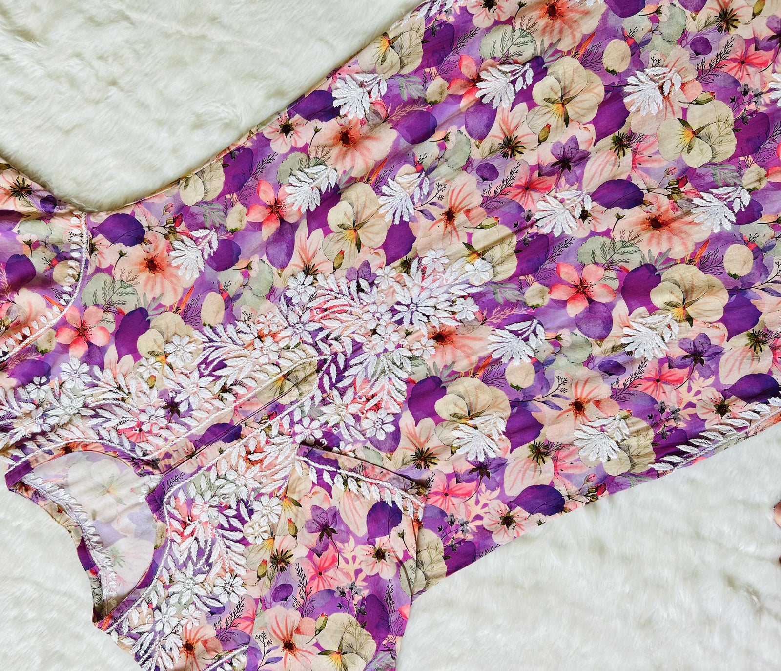 Tina Purple Printed Rayon Kurta with White Chikankari