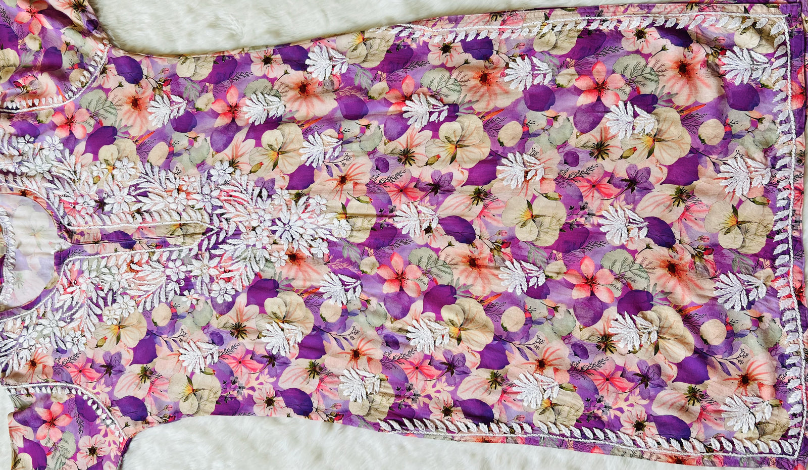 Tina Purple Printed Rayon Kurta with White Chikankari