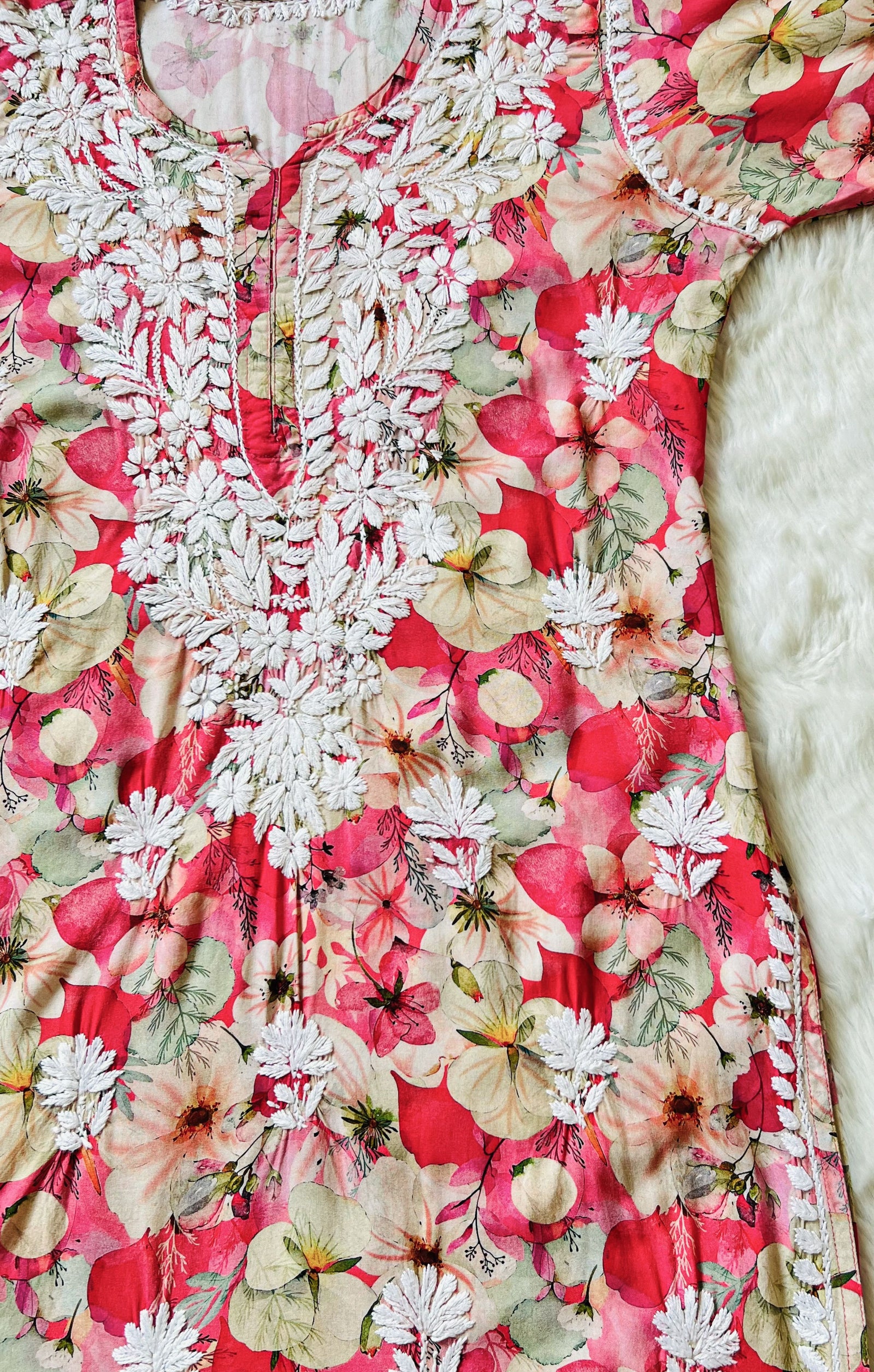 Tina Red Printed Rayon Kurta with White Chikankari