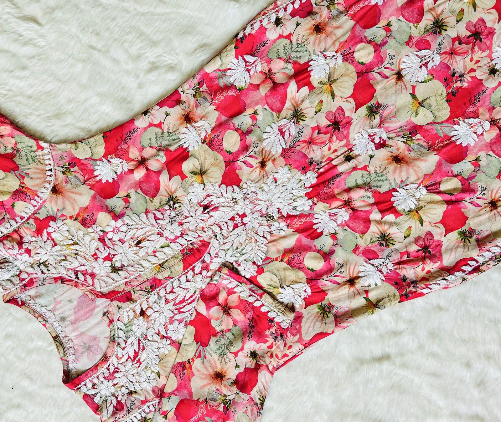 Tina Red Printed Rayon Kurta with White Chikankari