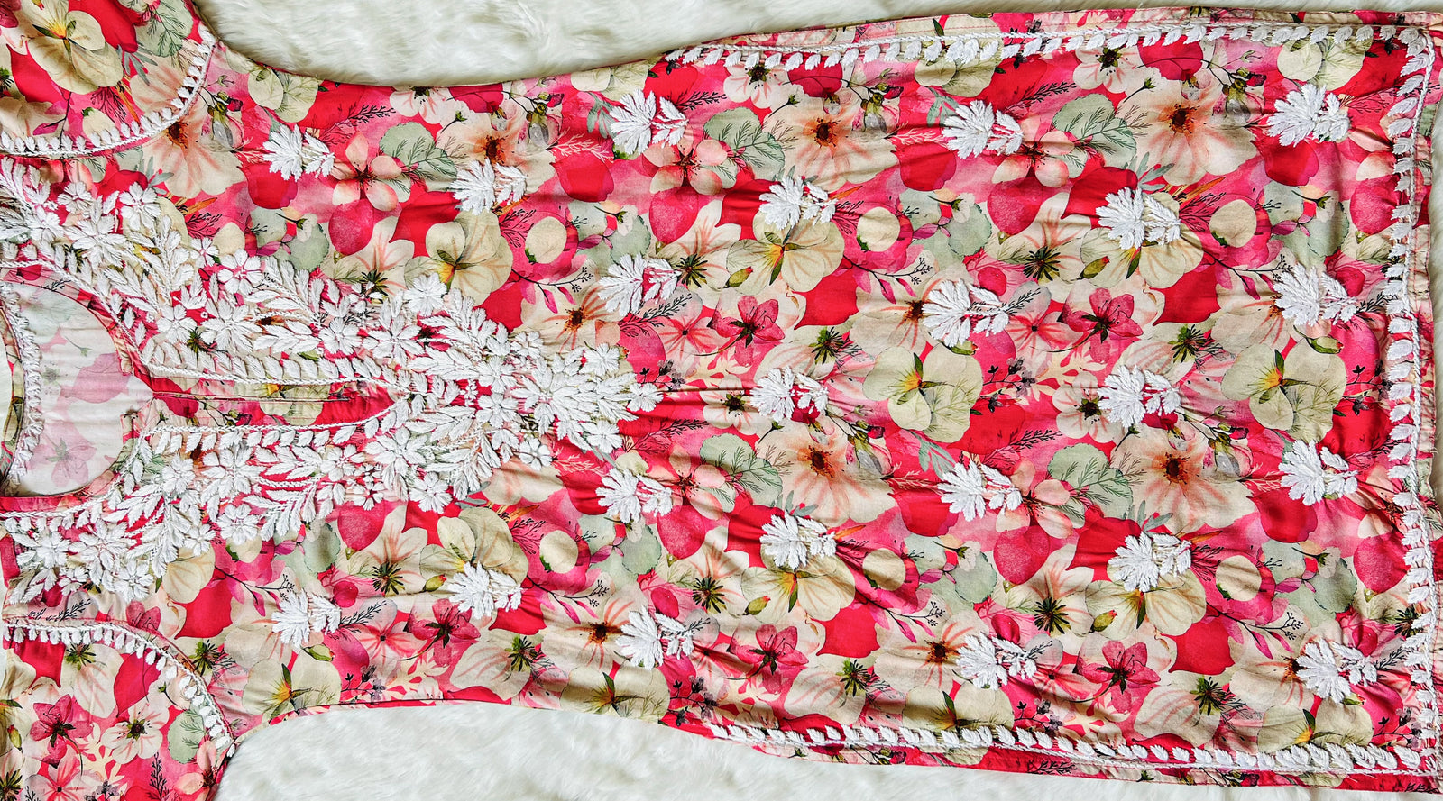 Tina Red Printed Rayon Kurta with White Chikankari