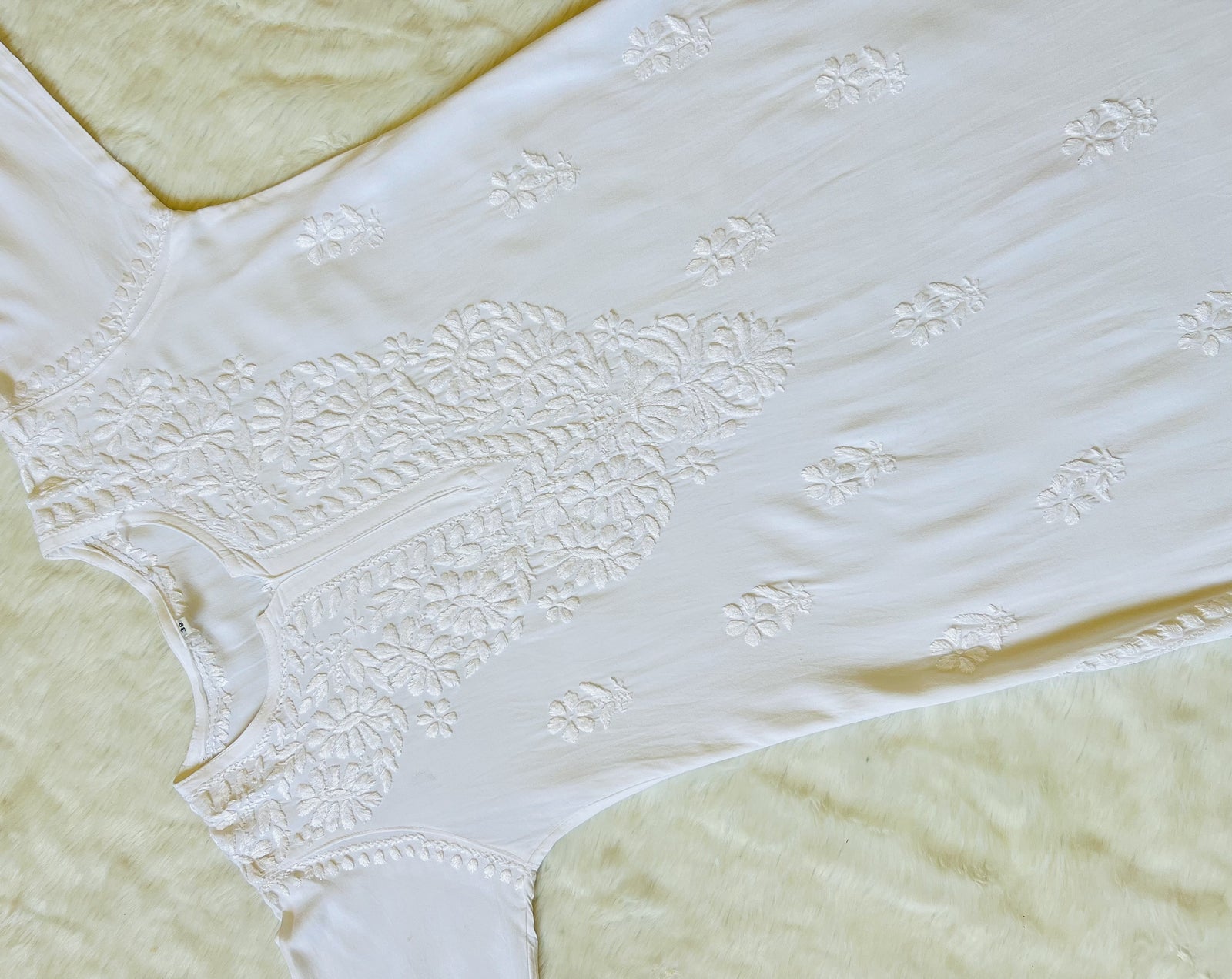 White Long Rayon Kurta with Self Chikankari