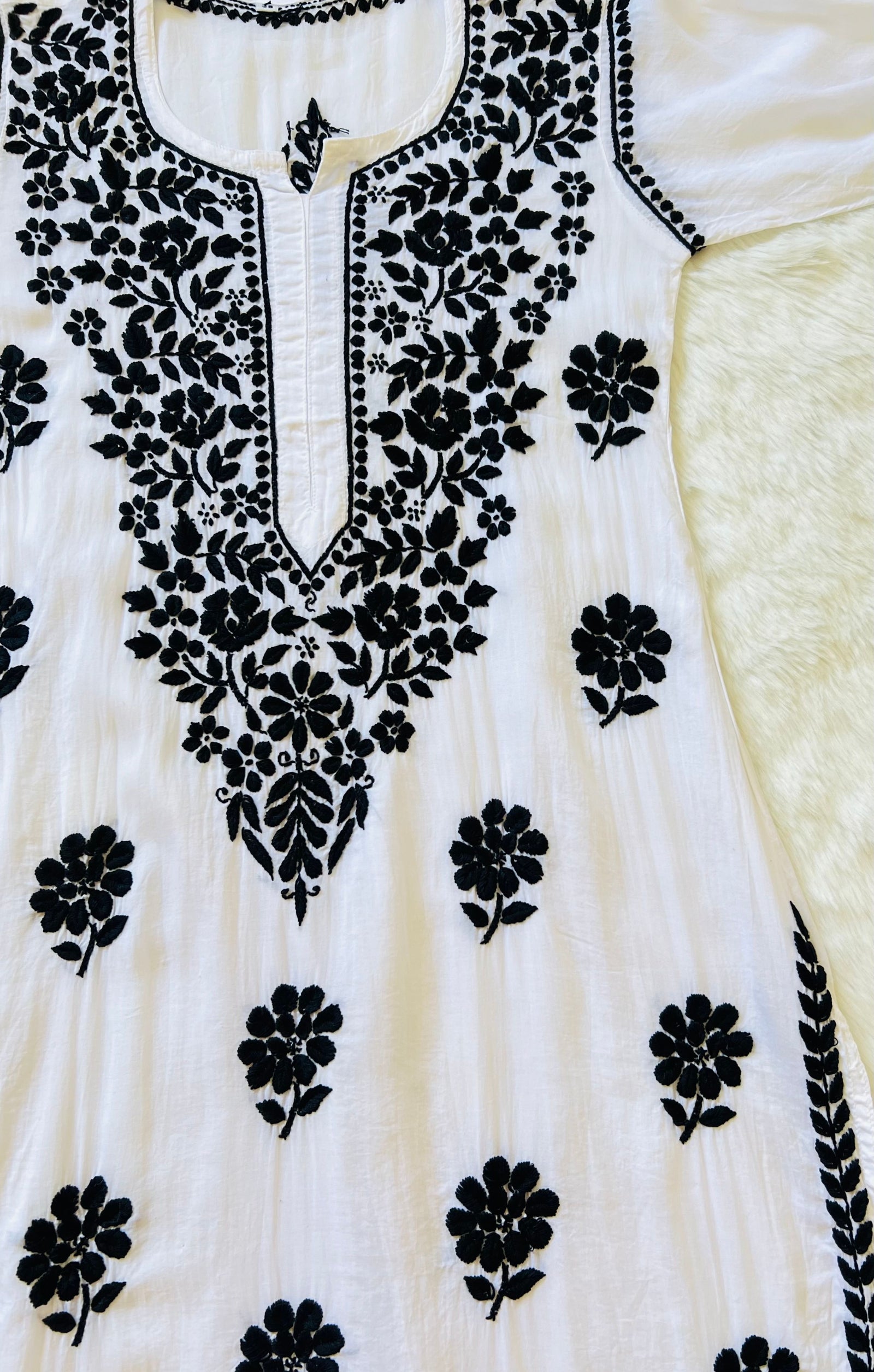 White Modal Kurta with Black Chikankari