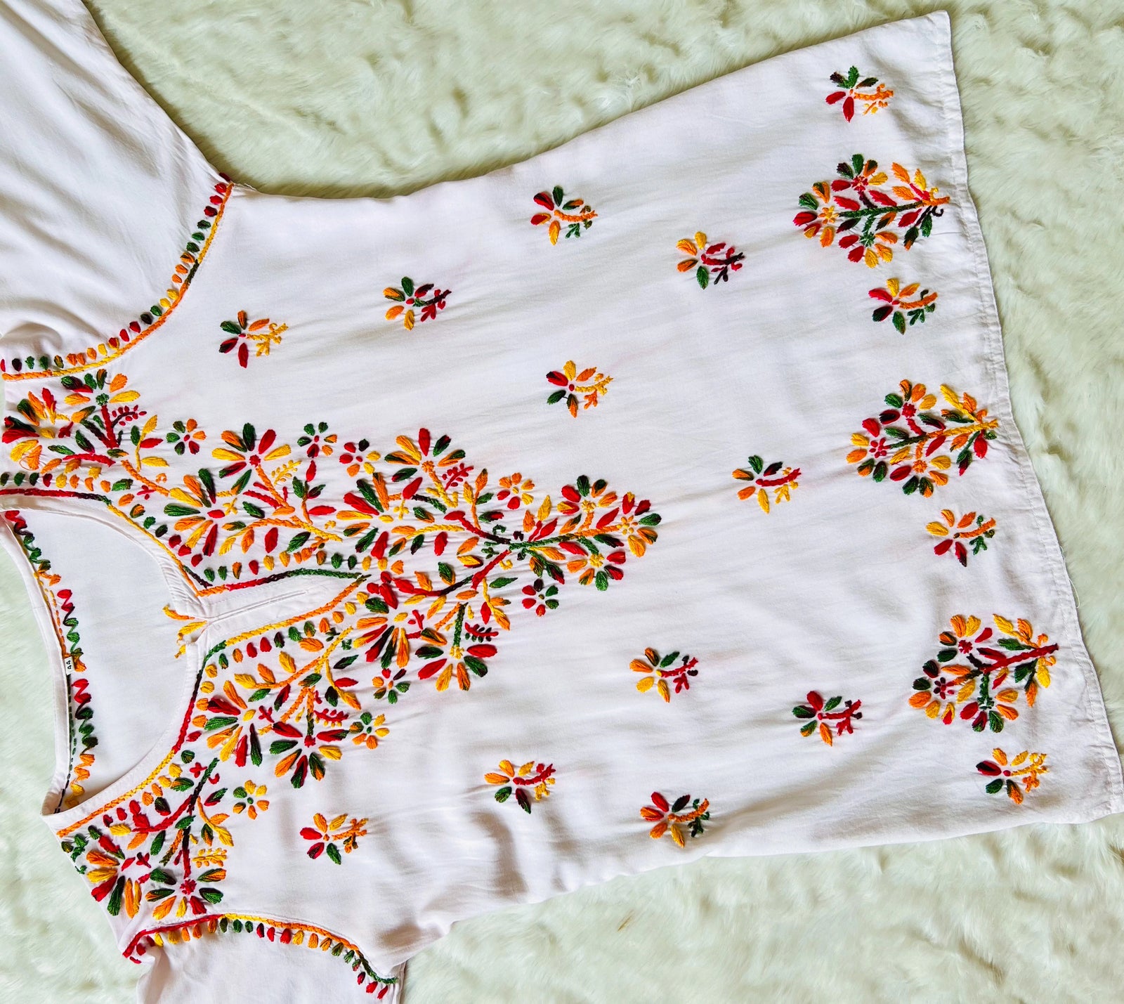 White Short Rayon Kurta with Multi Colour Chikankari